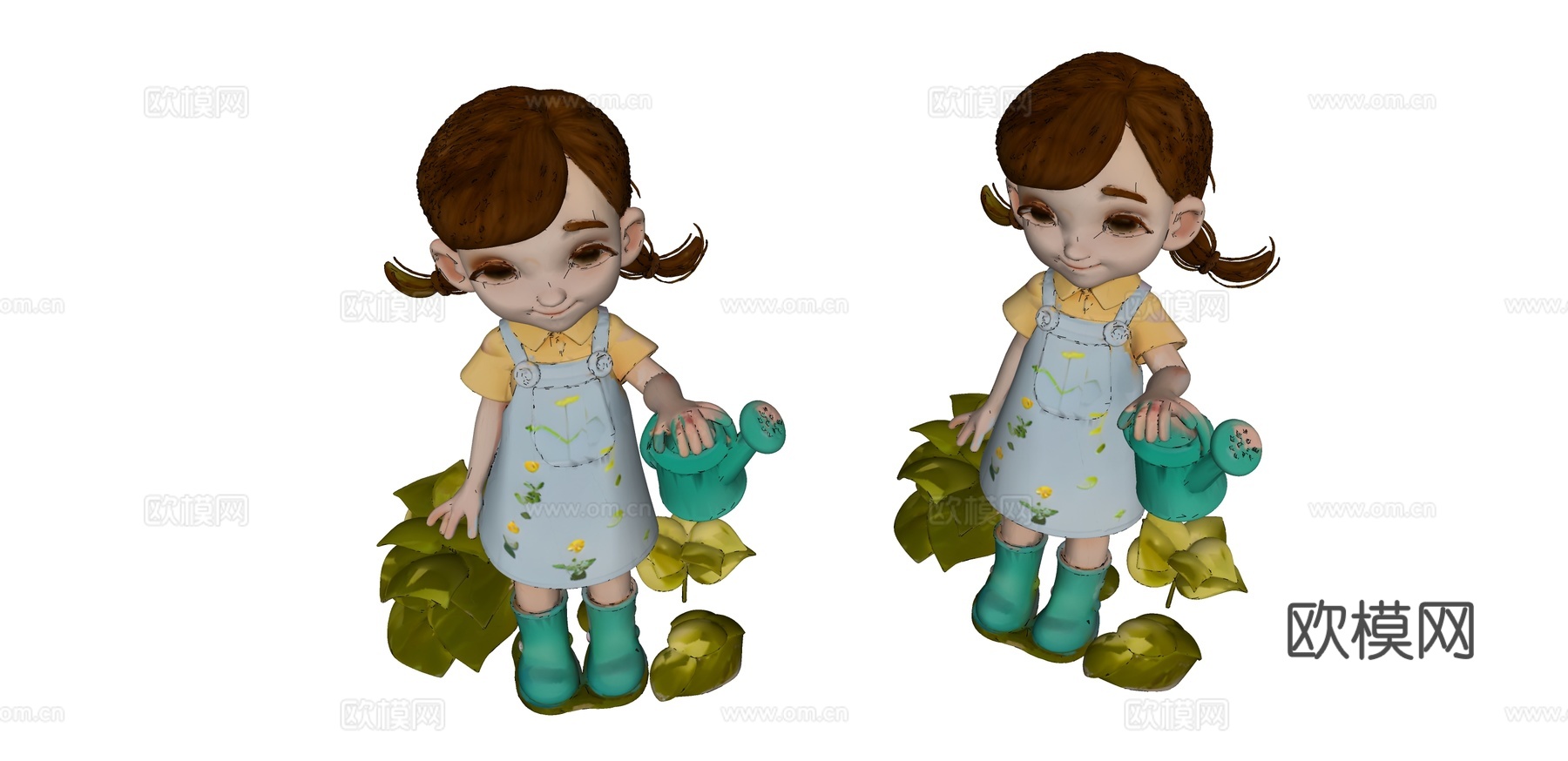 穿蓝色背带裙浇花的小女孩su模型