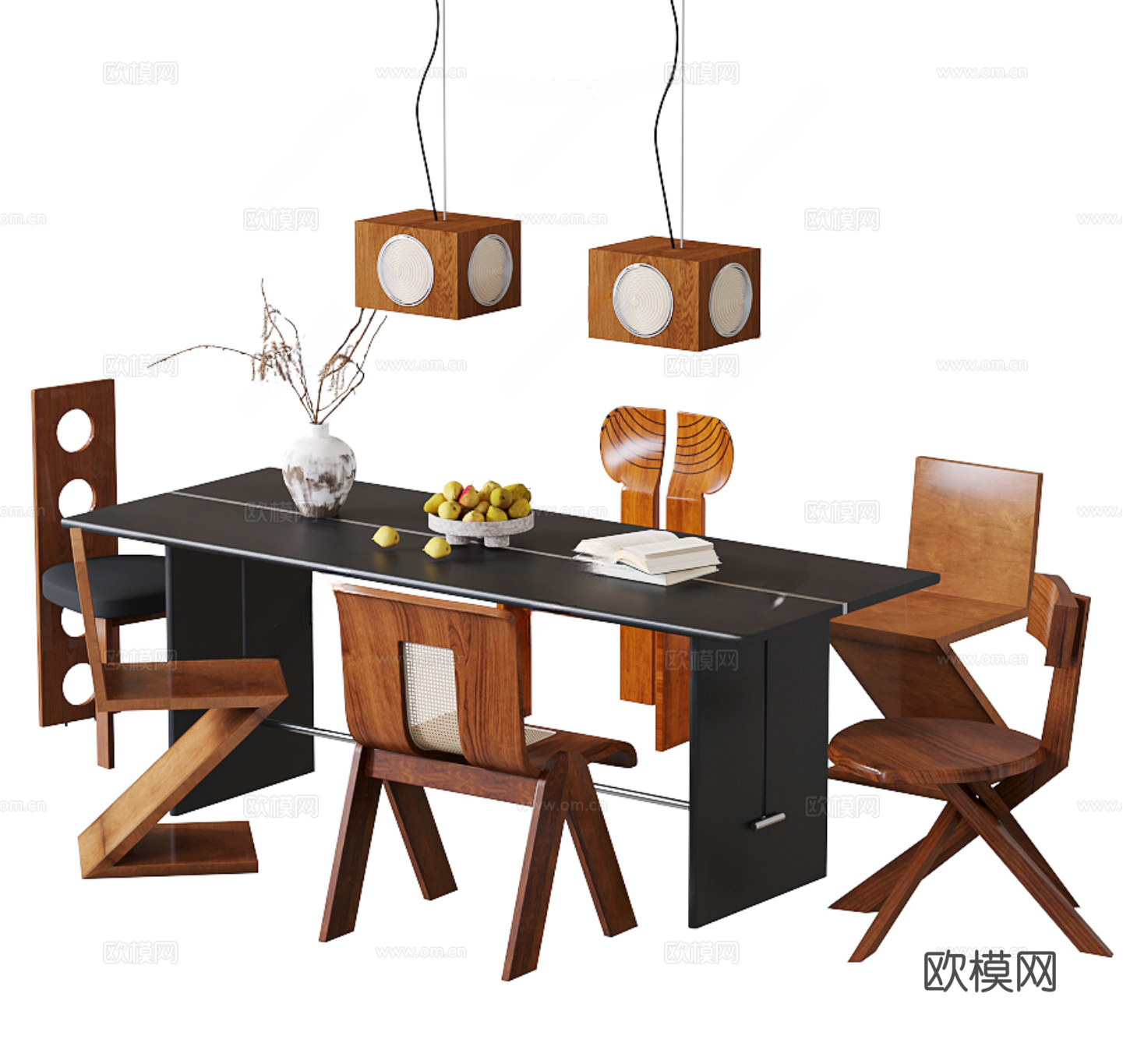 侘寂中古餐桌椅su模型