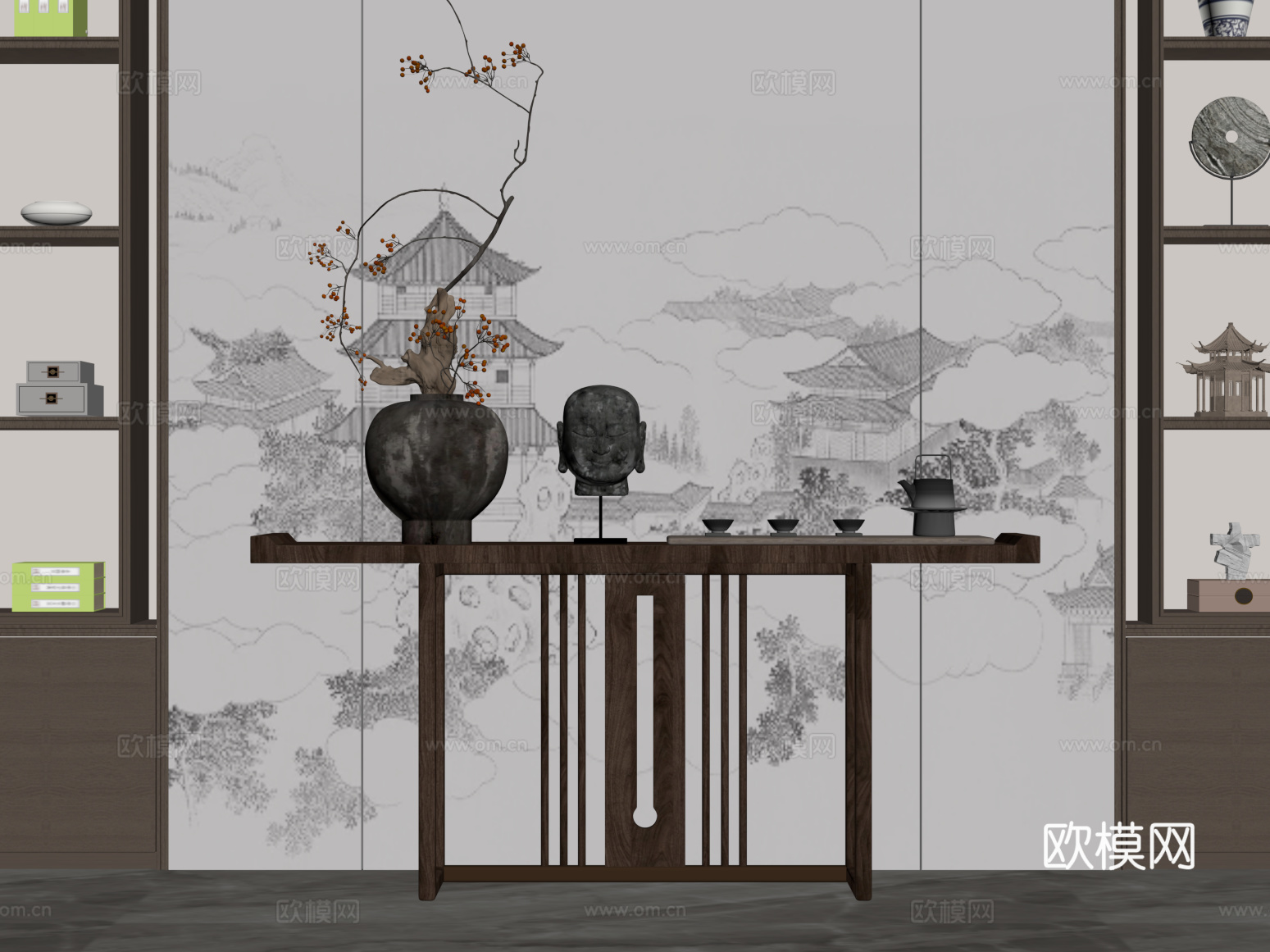 玄关 新中式玄关 玄关柜 端景柜 饰品摆件su模型