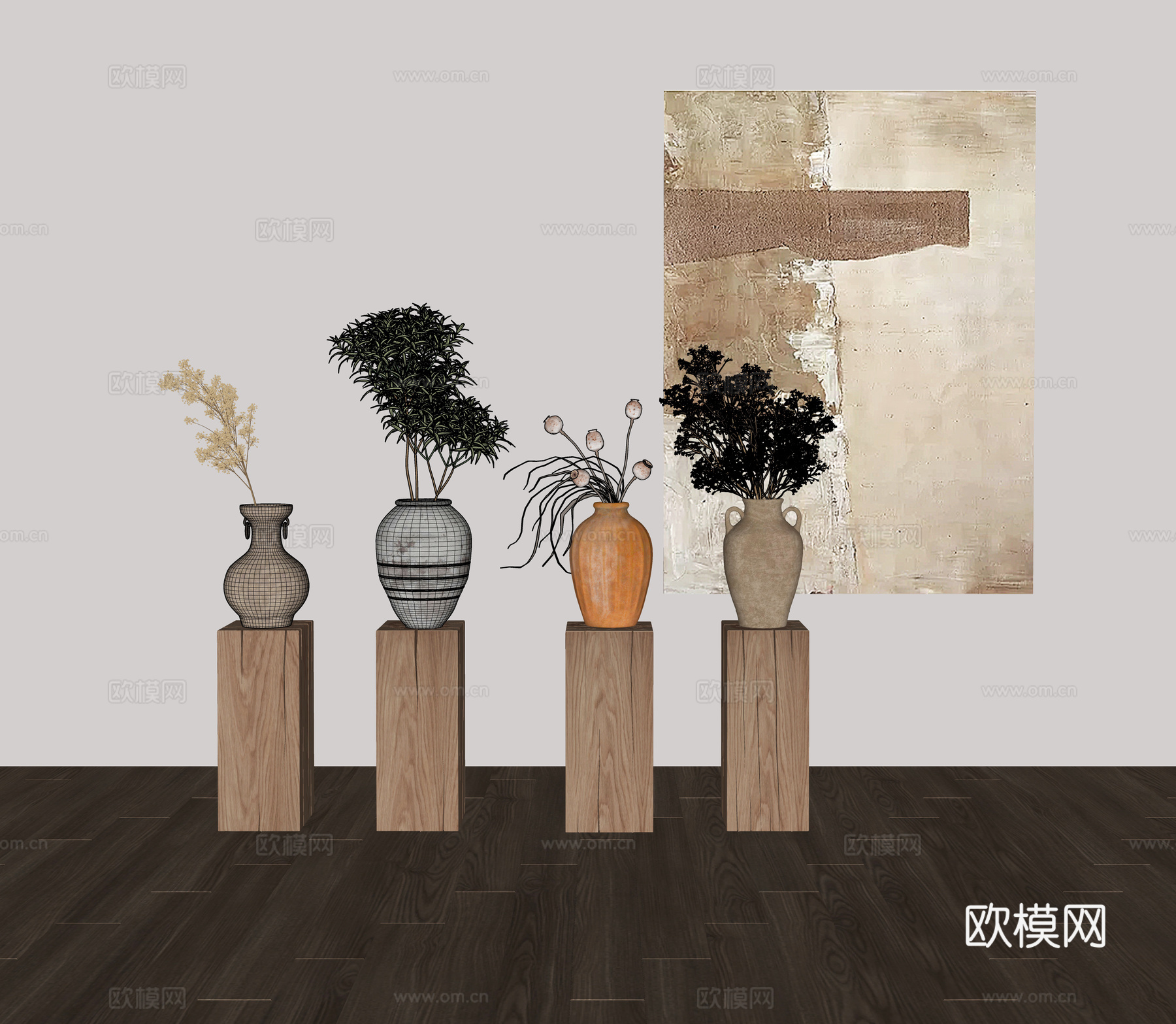 侘寂风花瓶花艺陶罐摆件组合su模型