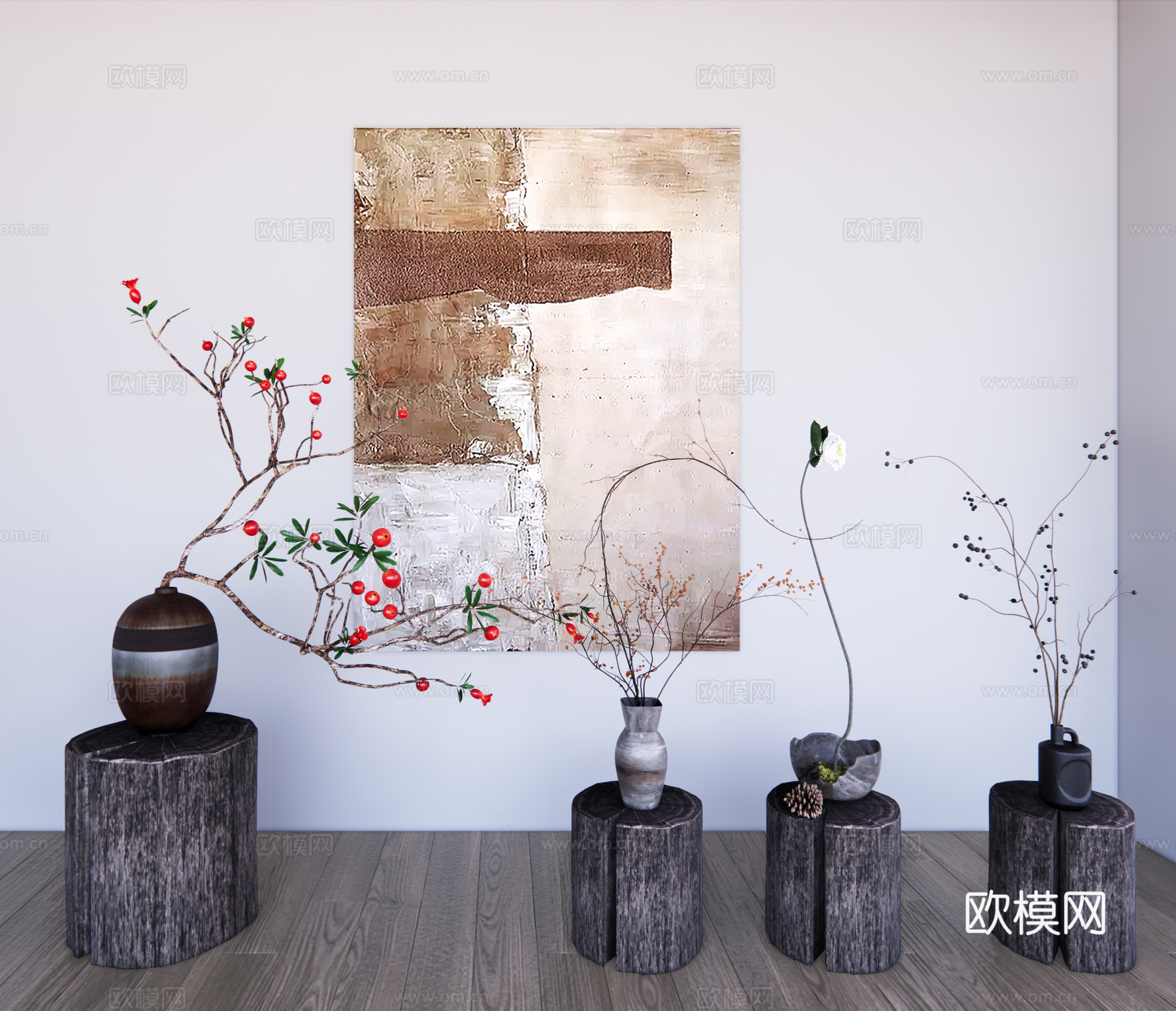 侘寂风花瓶花艺陶罐摆件组合su模型