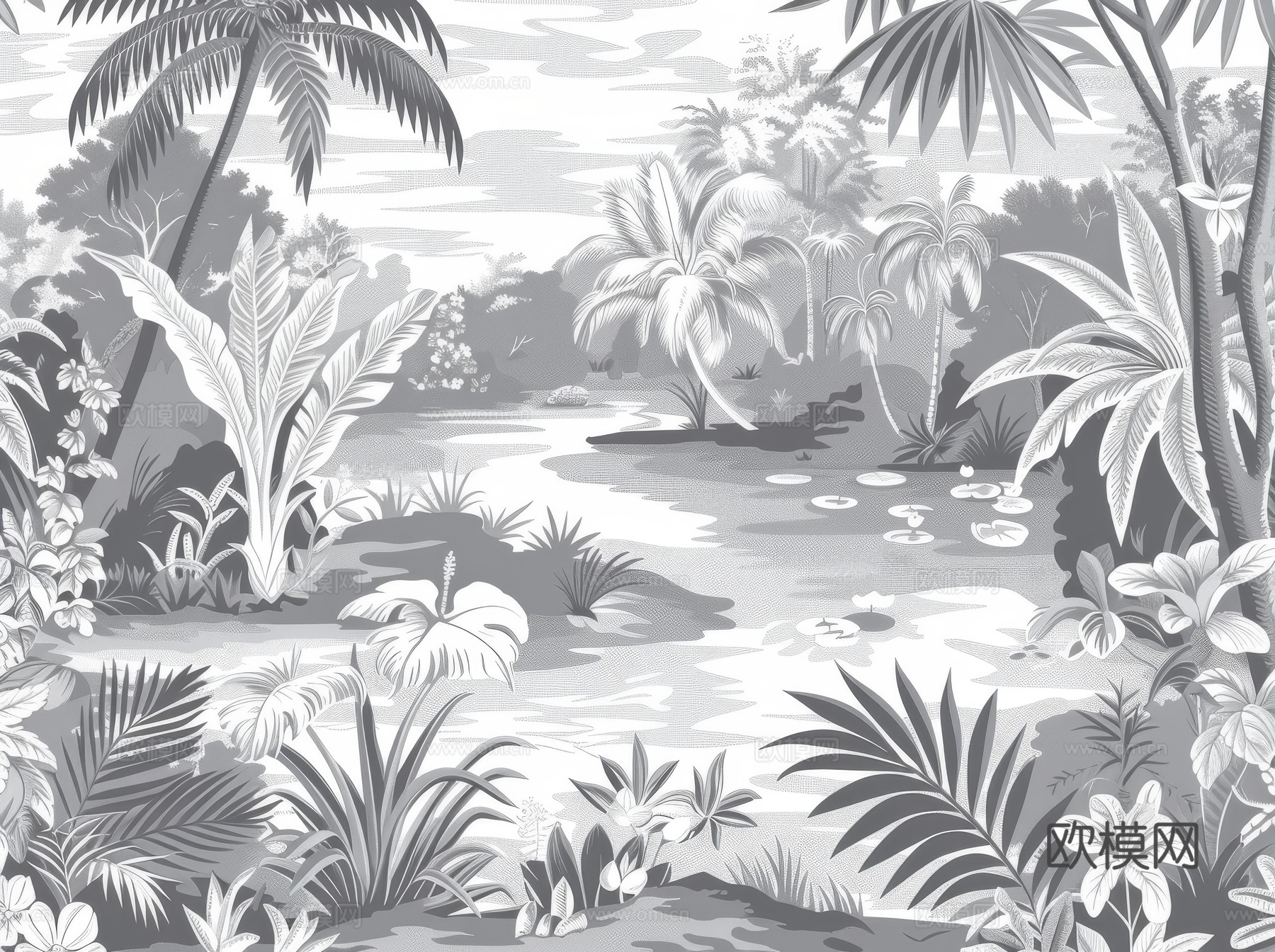 欧式田园热带雨林棕榈植物壁纸壁画下载（渲染图5）