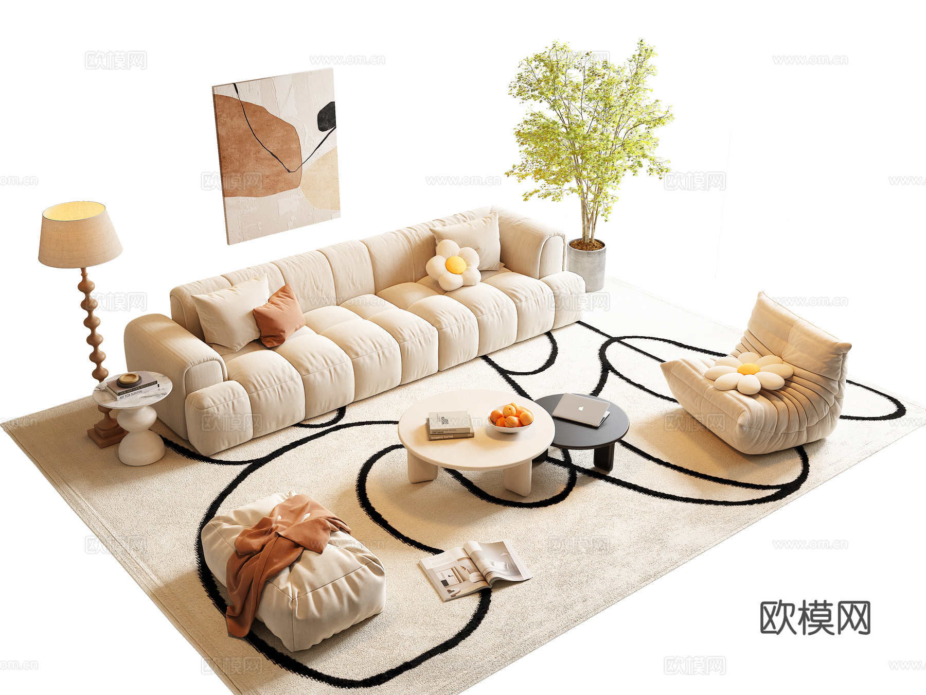 现代奶油风沙发茶几组合3d模型