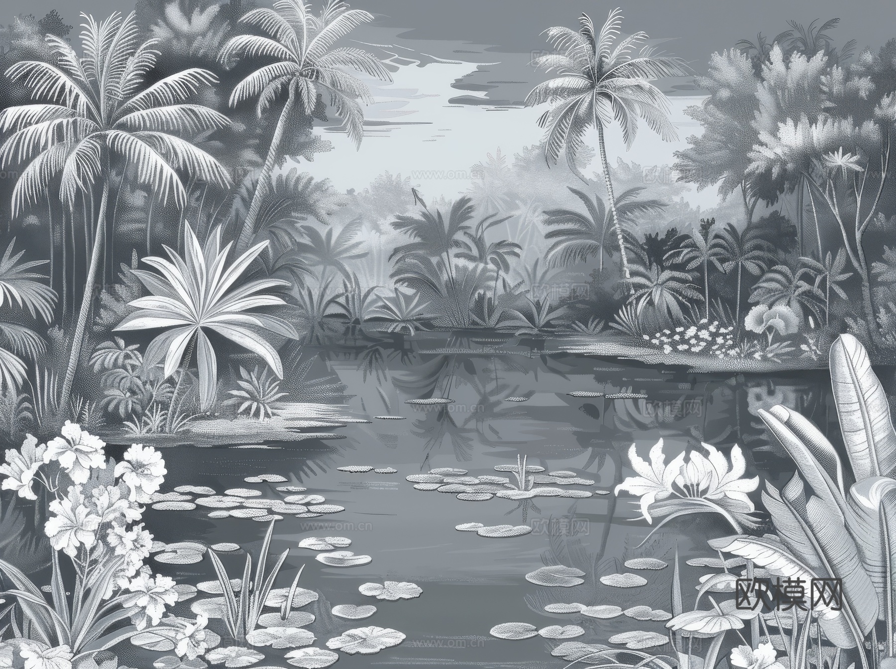 欧式田园热带雨林棕榈植物壁纸壁画下载（渲染图8）