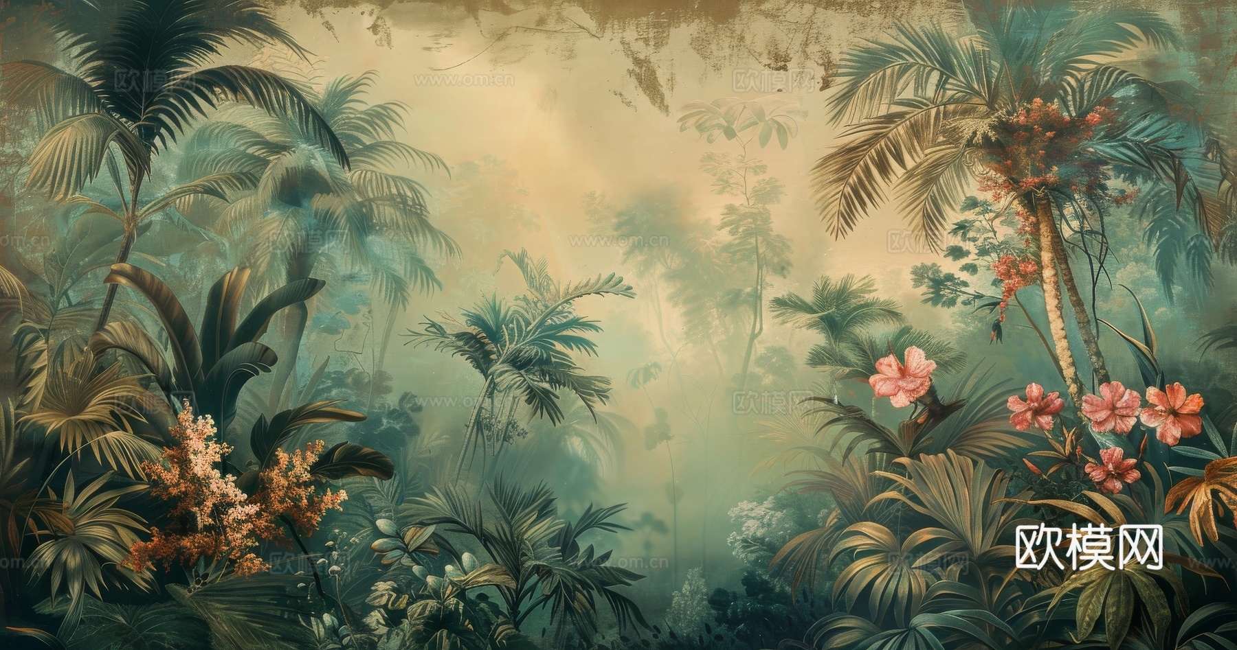 欧式田园热带雨林棕榈植物壁纸壁画下载（渲染图8）