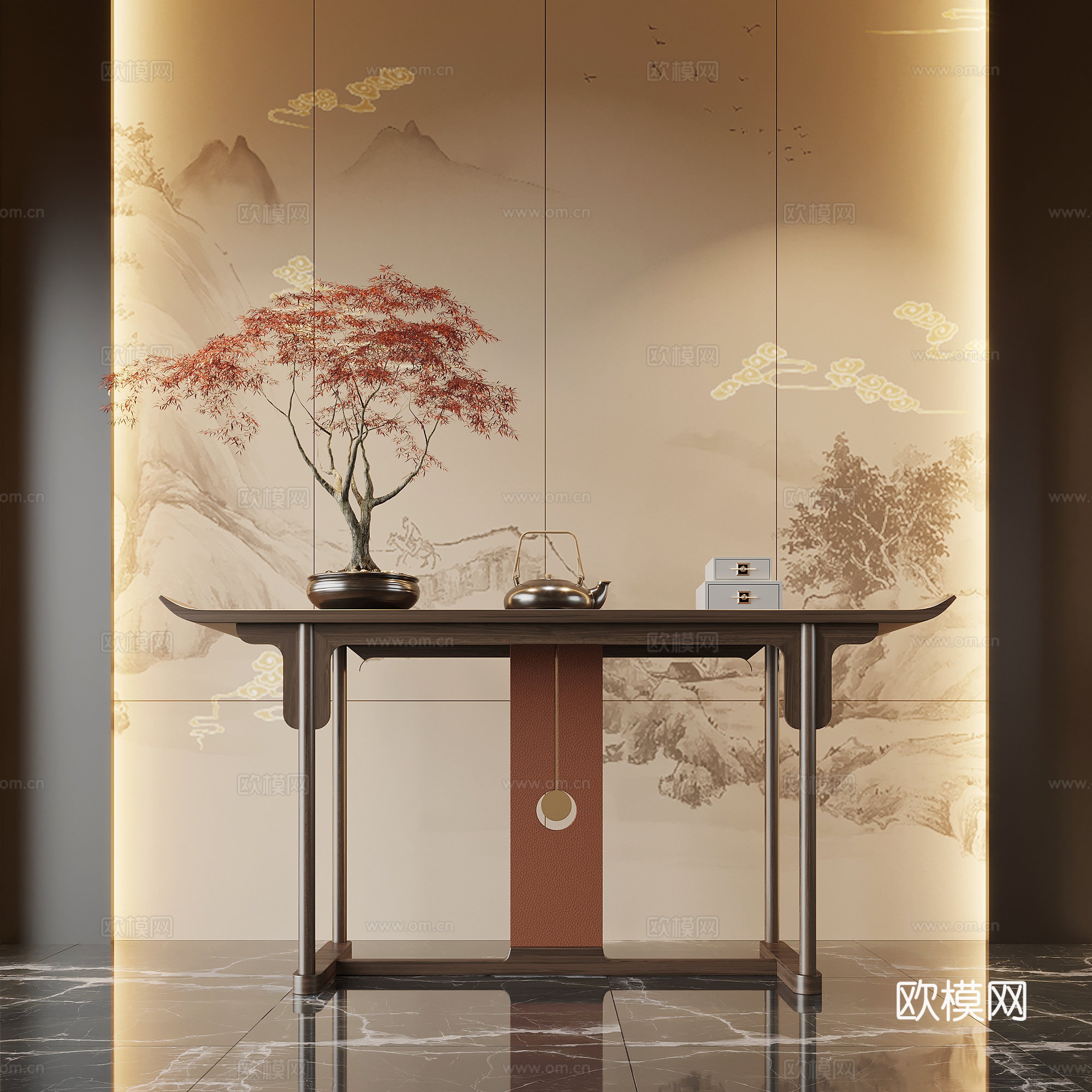 玄关 新中式玄关 端景柜 玄关柜 盆栽盆景 摆件su模型