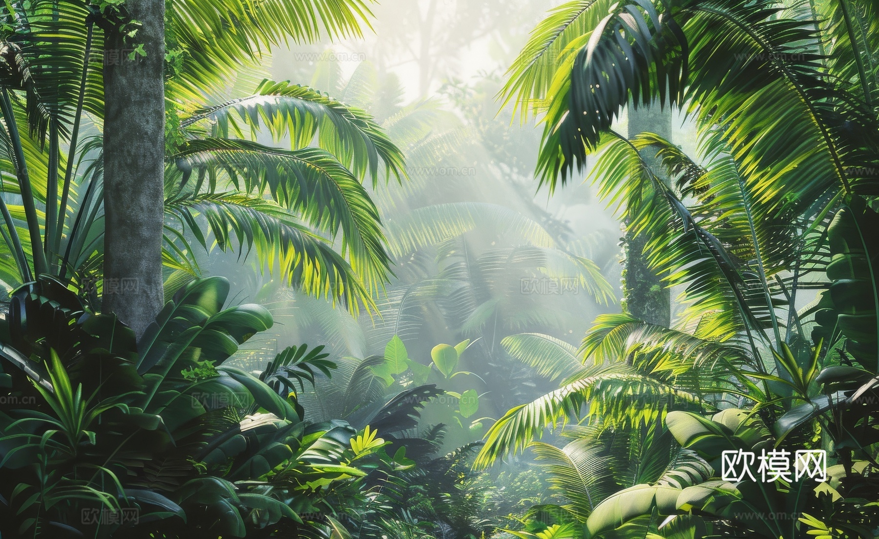 欧式田园热带雨林棕榈植物壁纸壁画下载（渲染图1）