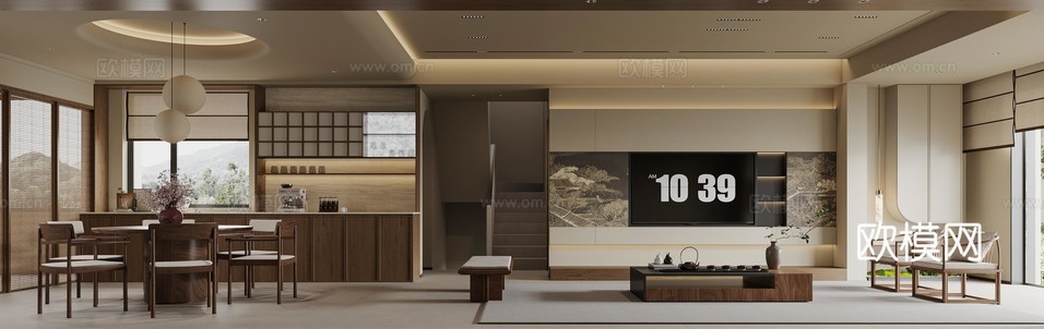 宋式 禅意 新中式客餐厅 电视背景3d模型下载