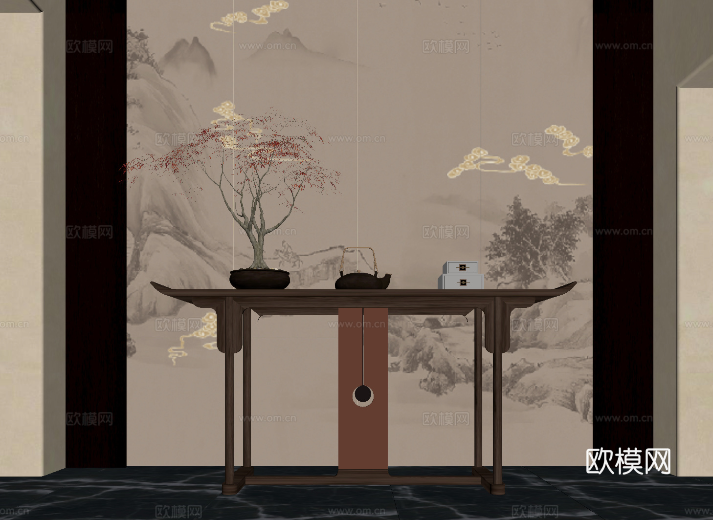 玄关 新中式玄关 端景柜 玄关柜 盆栽盆景 摆件su模型