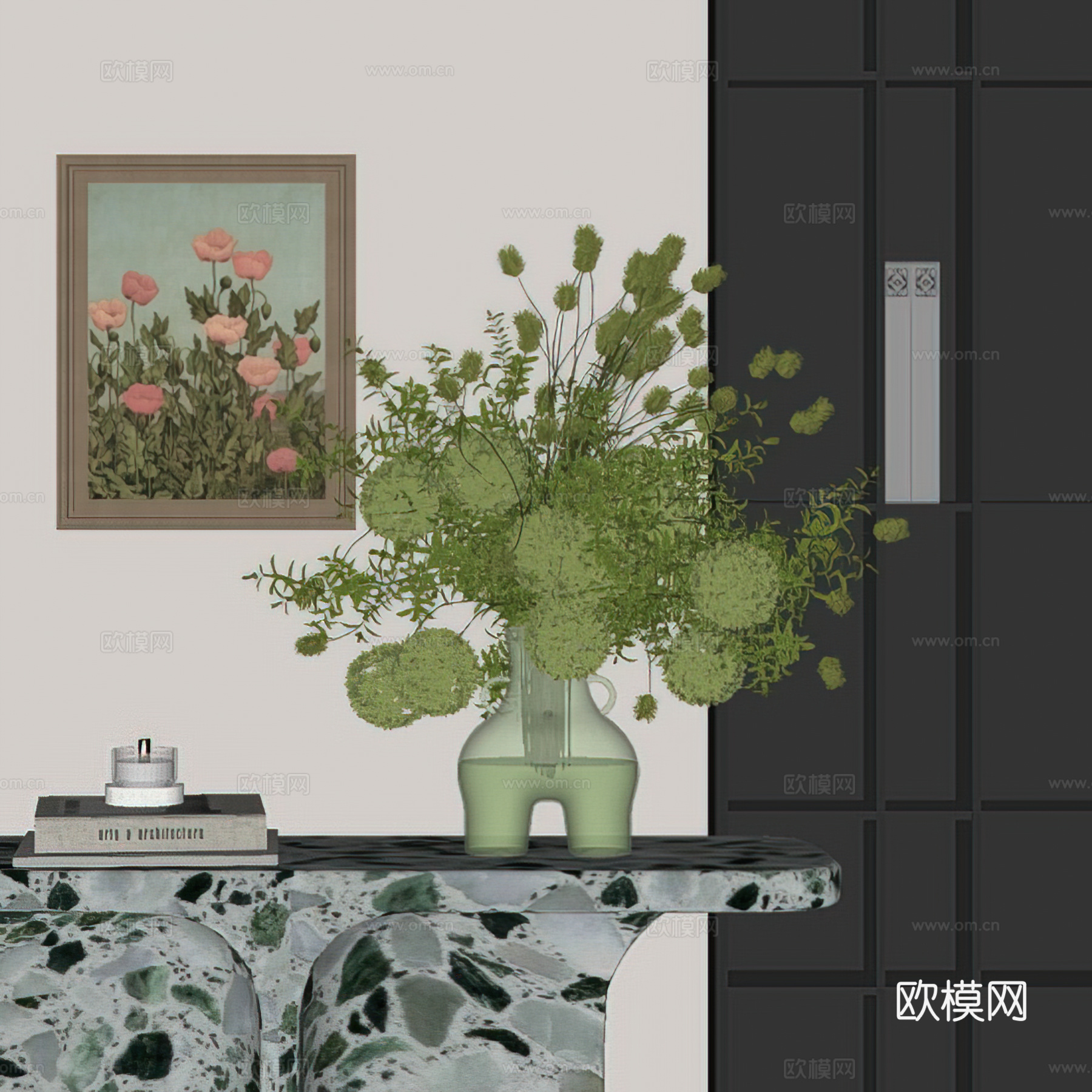 现代花艺摆件 玻璃花瓶 书籍饰品摆件 艺术插花 鲜花花卉 玄su模型
