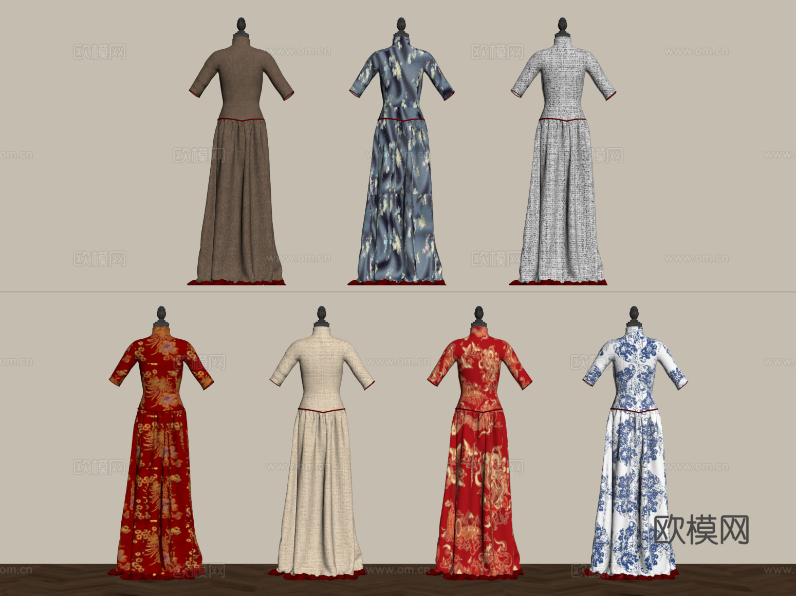 新中式衣服 旗袍 中式婚礼礼服su模型