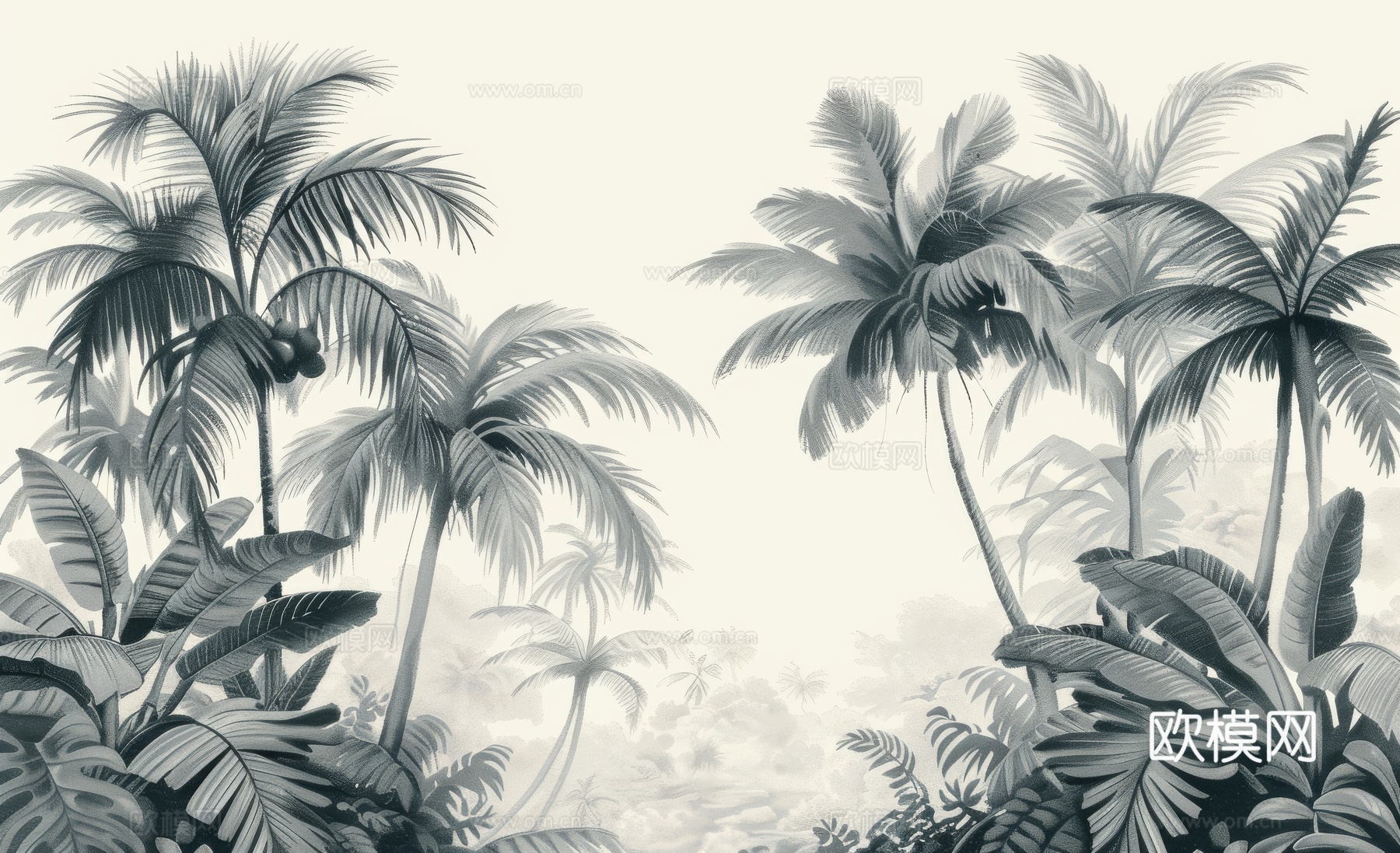 欧式田园热带雨林棕榈植物壁纸壁画下载（渲染图4）