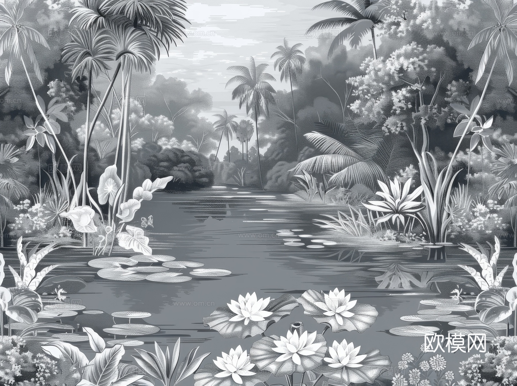 欧式田园热带雨林棕榈植物壁纸壁画下载（渲染图6）