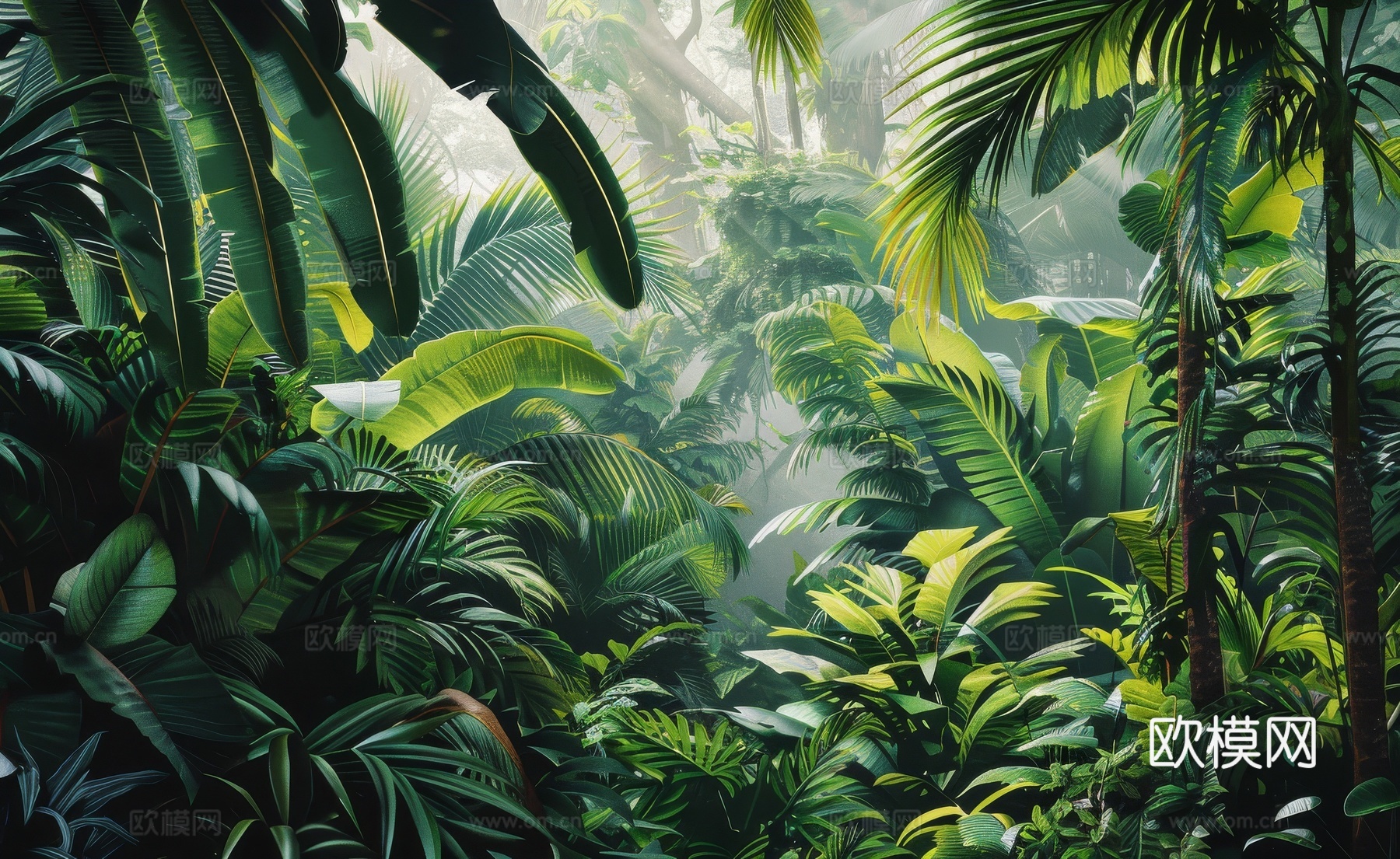 欧式田园热带雨林棕榈植物壁纸壁画下载（渲染图8）