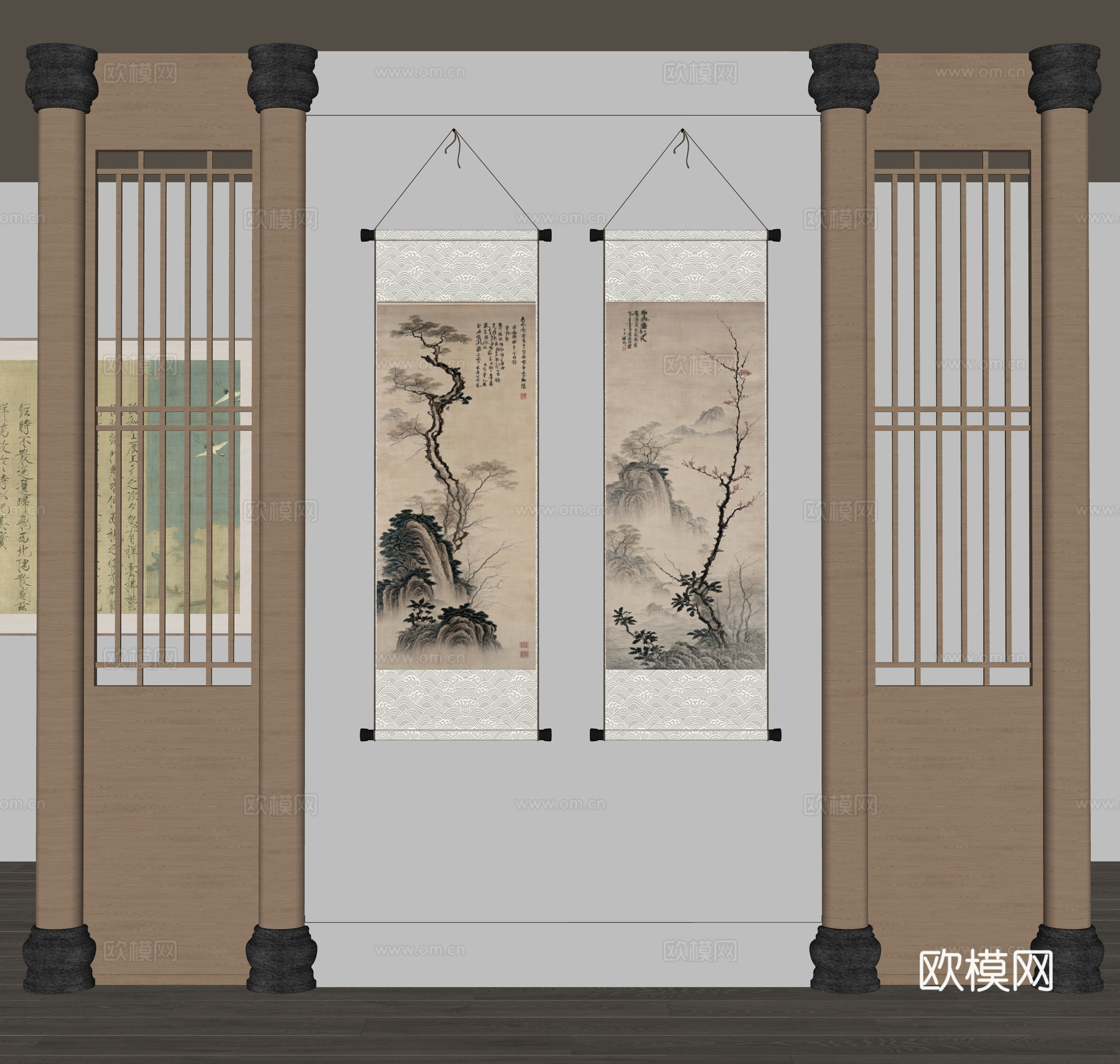 新中式装饰挂画 宋式美学书法字画su模型