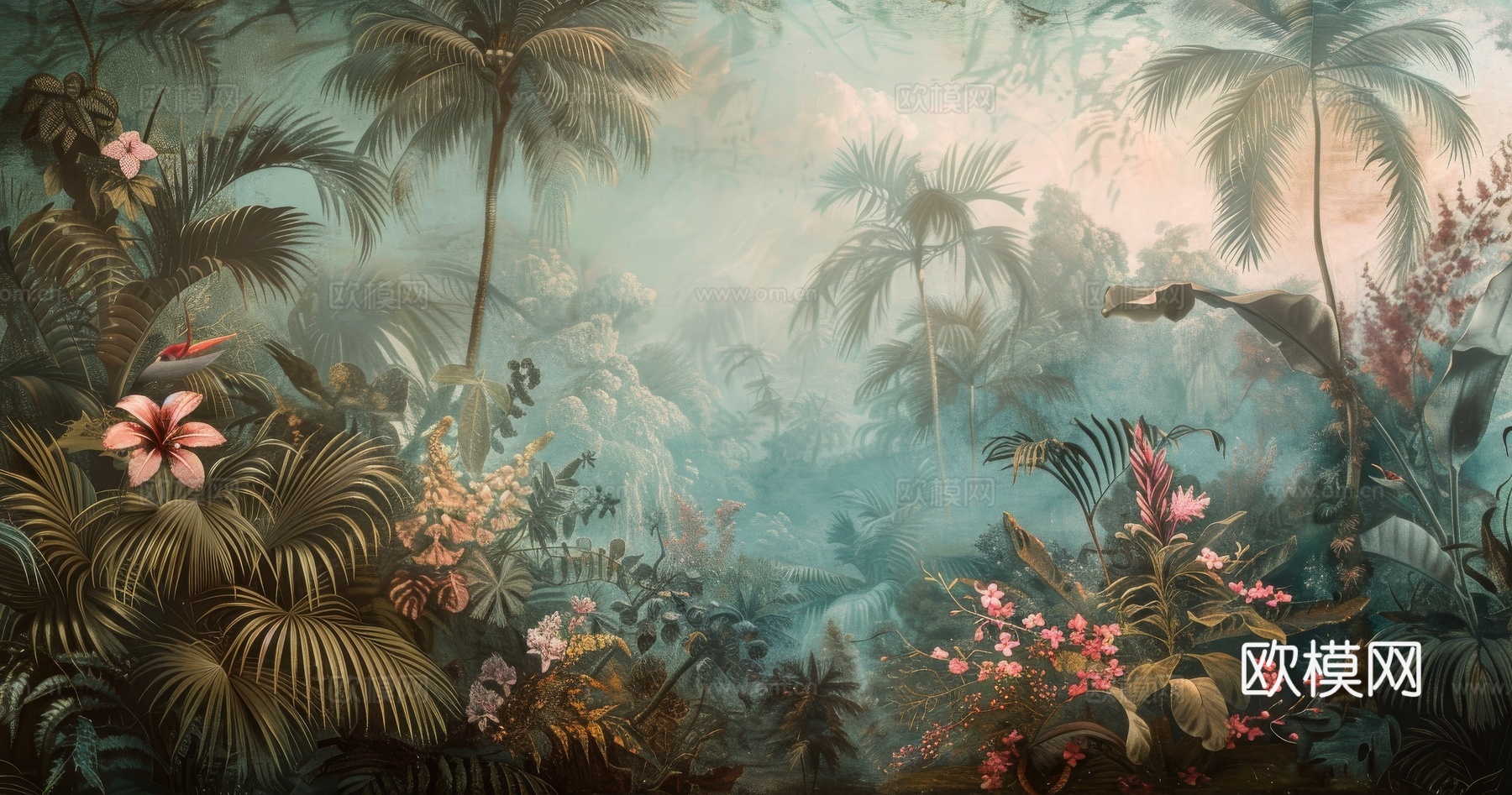 欧式田园热带雨林棕榈植物壁纸壁画下载（渲染图2）