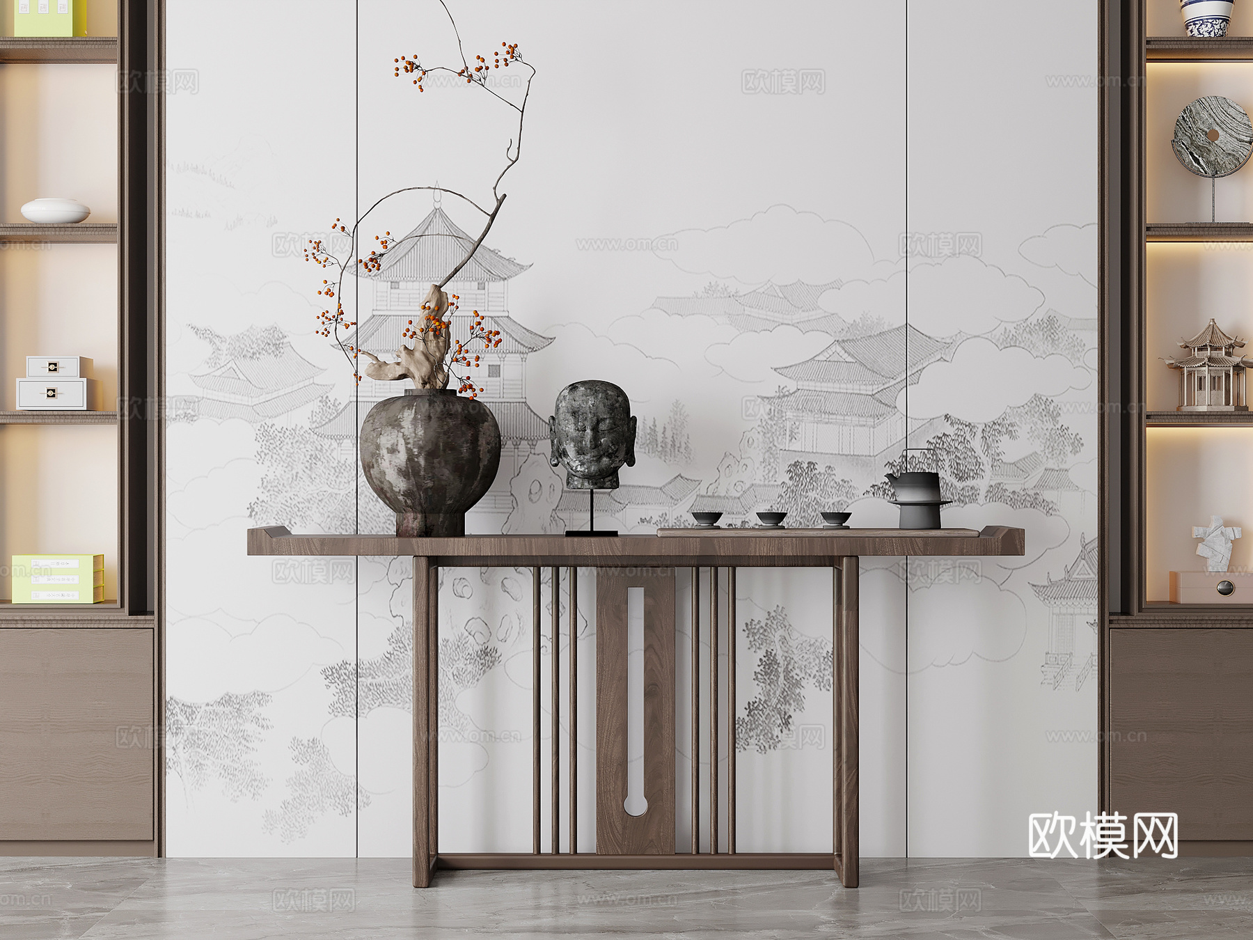 玄关 新中式玄关 玄关柜 端景柜 饰品摆件su模型