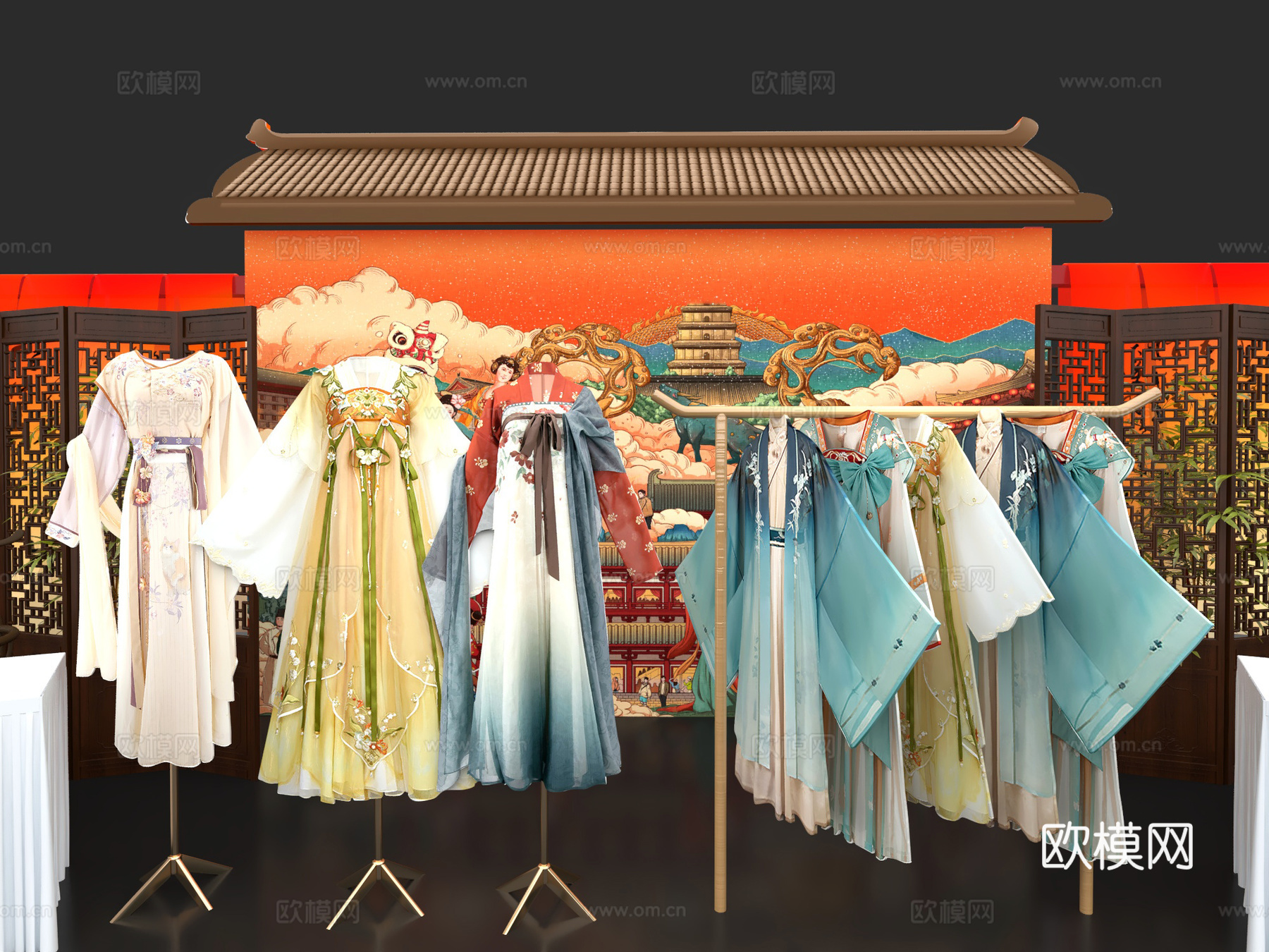 唐装汉服古装 换装区汉服店 中式舞台美陈 屏风灯笼背景墙3d模型