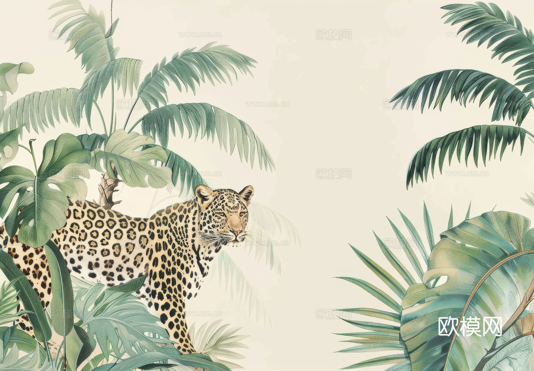 欧式田园热带雨林棕榈植物壁纸壁画下载（渲染图3）