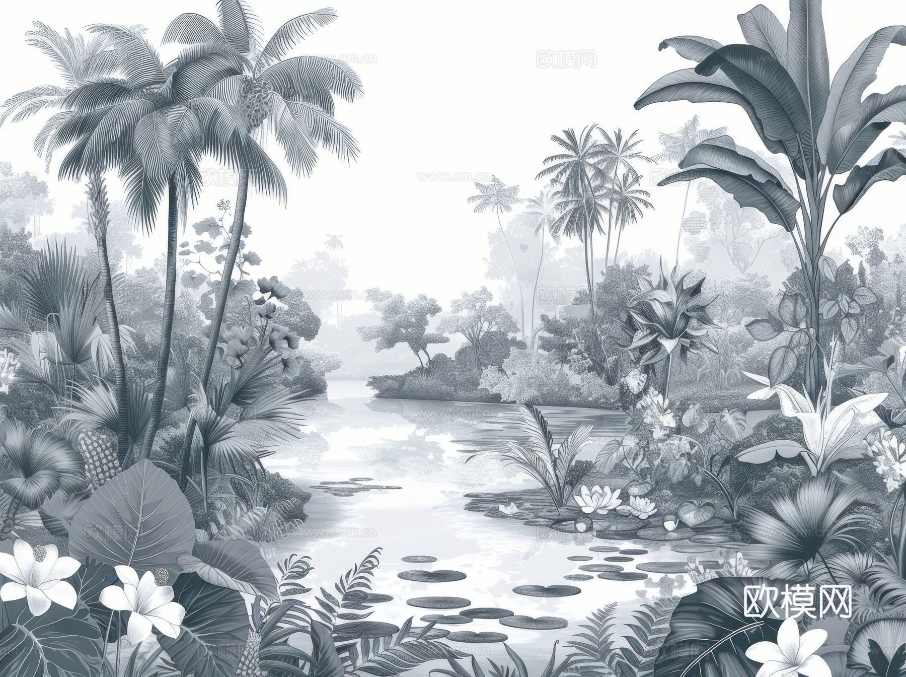欧式田园热带雨林棕榈植物壁纸壁画下载（渲染图4）