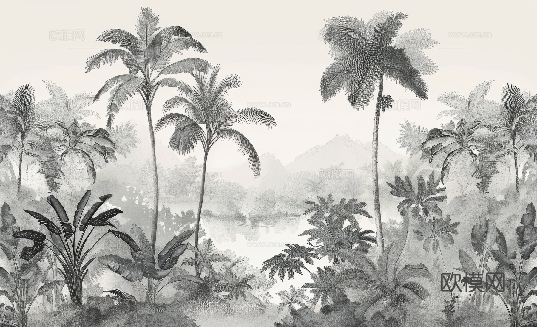 欧式田园热带雨林棕榈植物壁纸壁画下载（渲染图6）