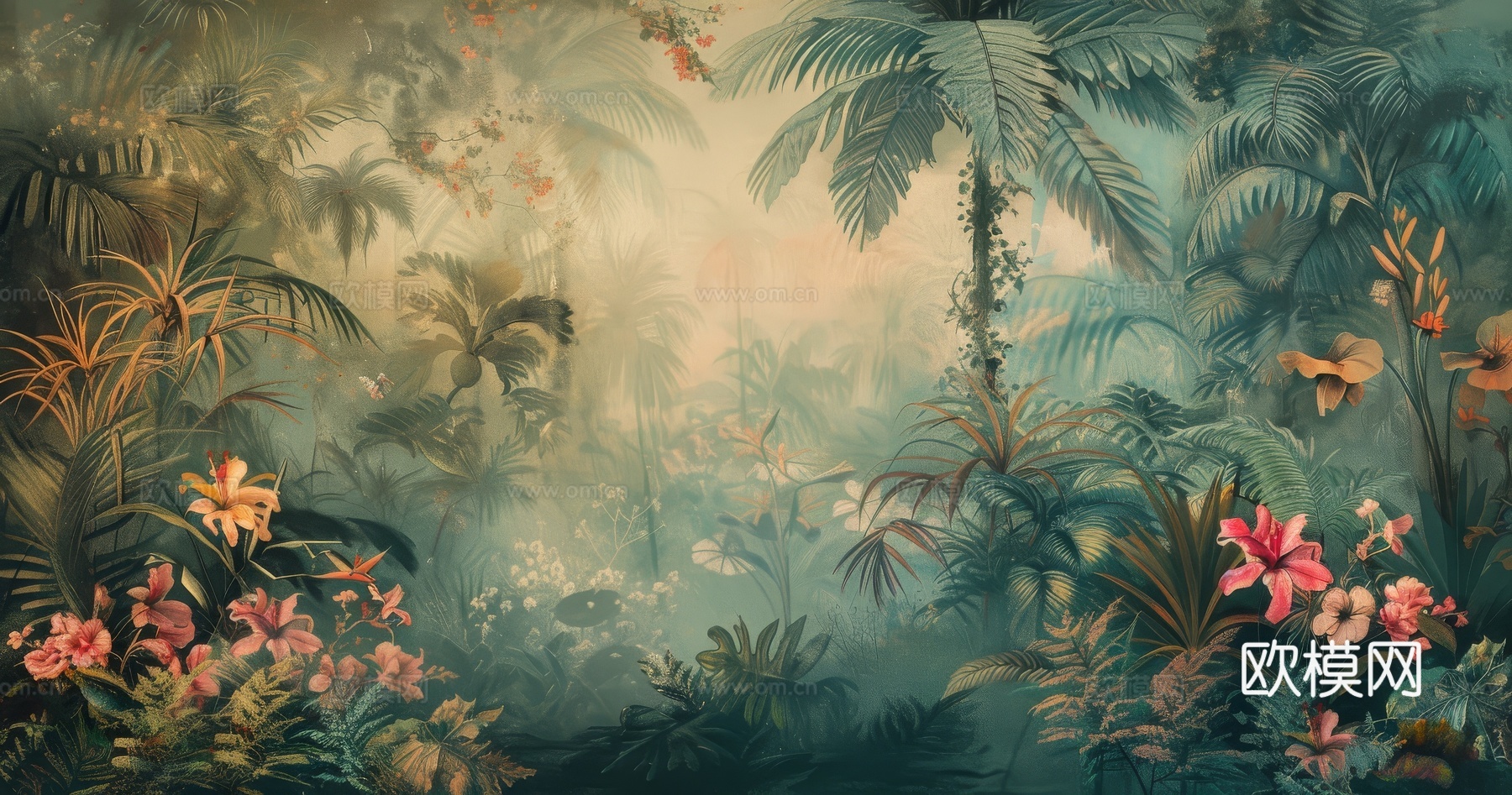 欧式田园热带雨林棕榈植物壁纸壁画下载（渲染图3）