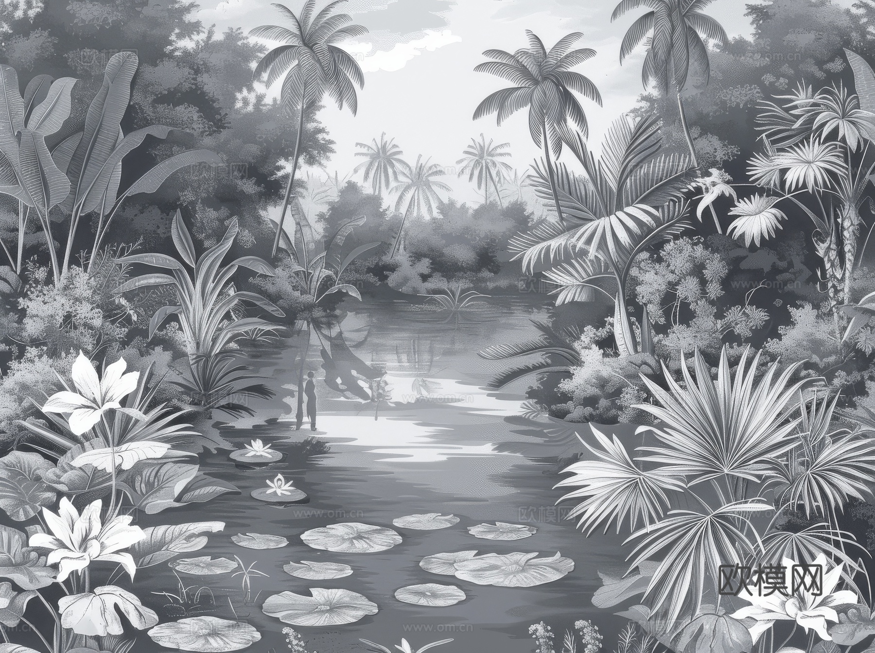 欧式田园热带雨林棕榈植物壁纸壁画下载（渲染图8）