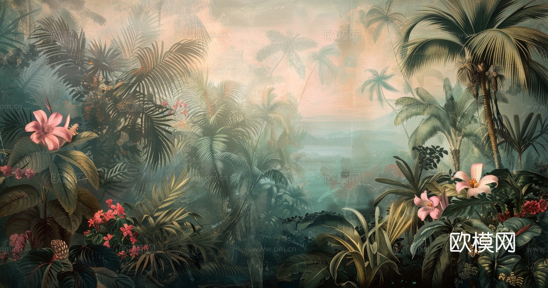 欧式田园热带雨林棕榈植物壁纸壁画下载（渲染图1）