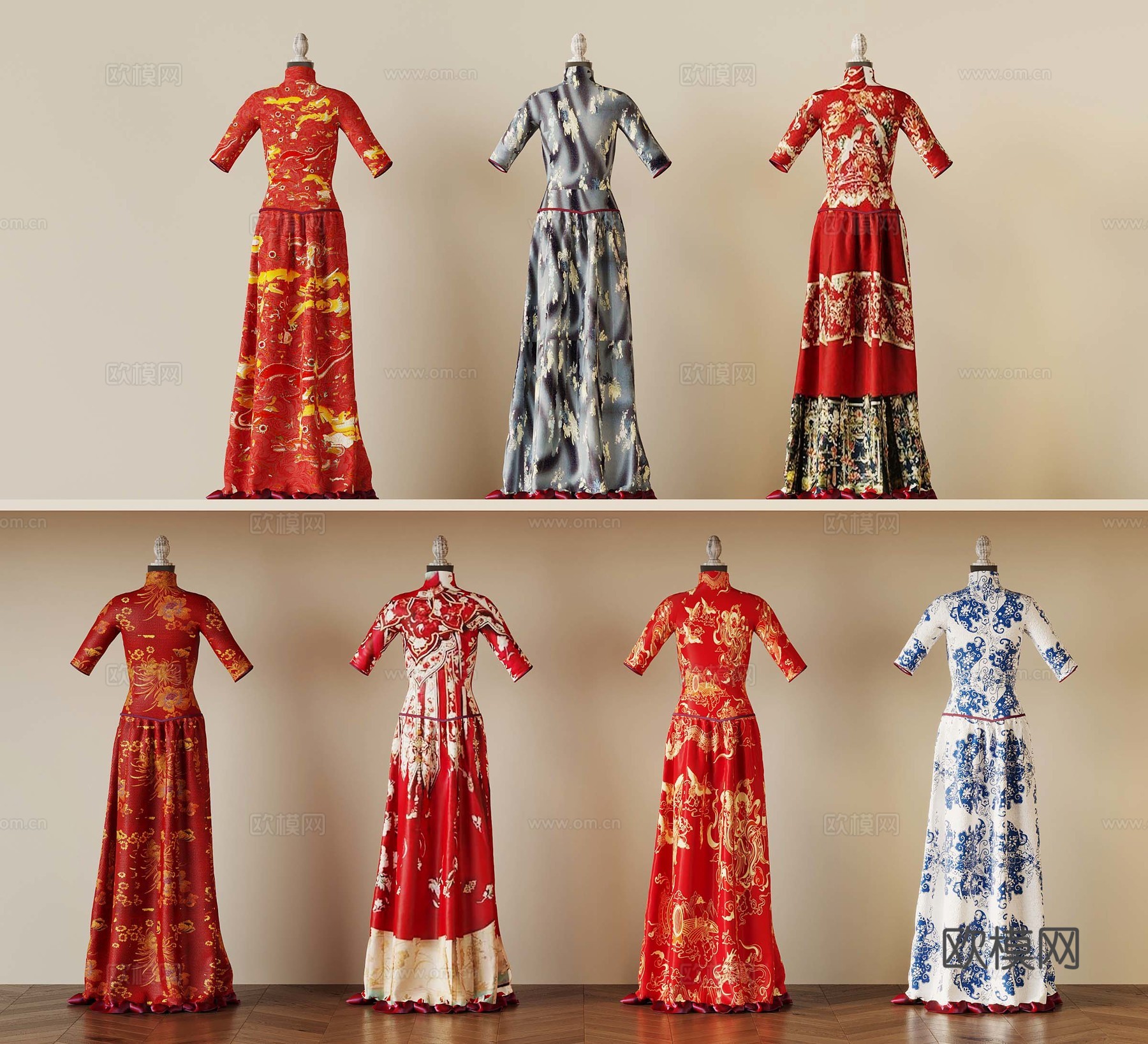 新中式衣服 旗袍 中式婚礼礼服su模型