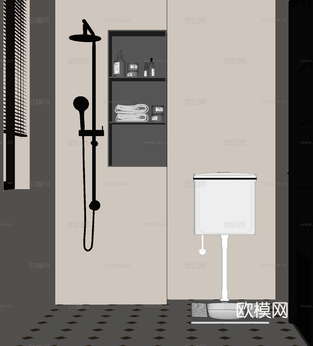 现代奶油卫生间 花洒淋浴 壁龛 蹲便器 卫生间玻璃门 卫生间su模型