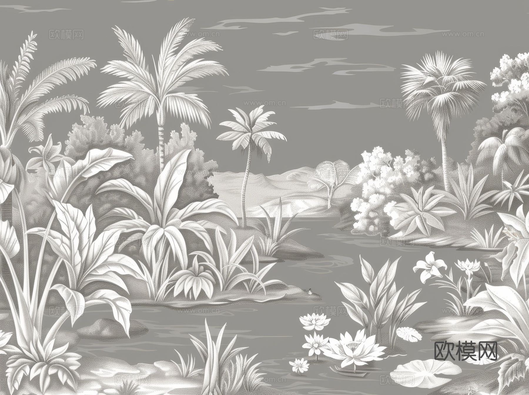 欧式田园热带雨林棕榈植物壁纸壁画下载（渲染图2）