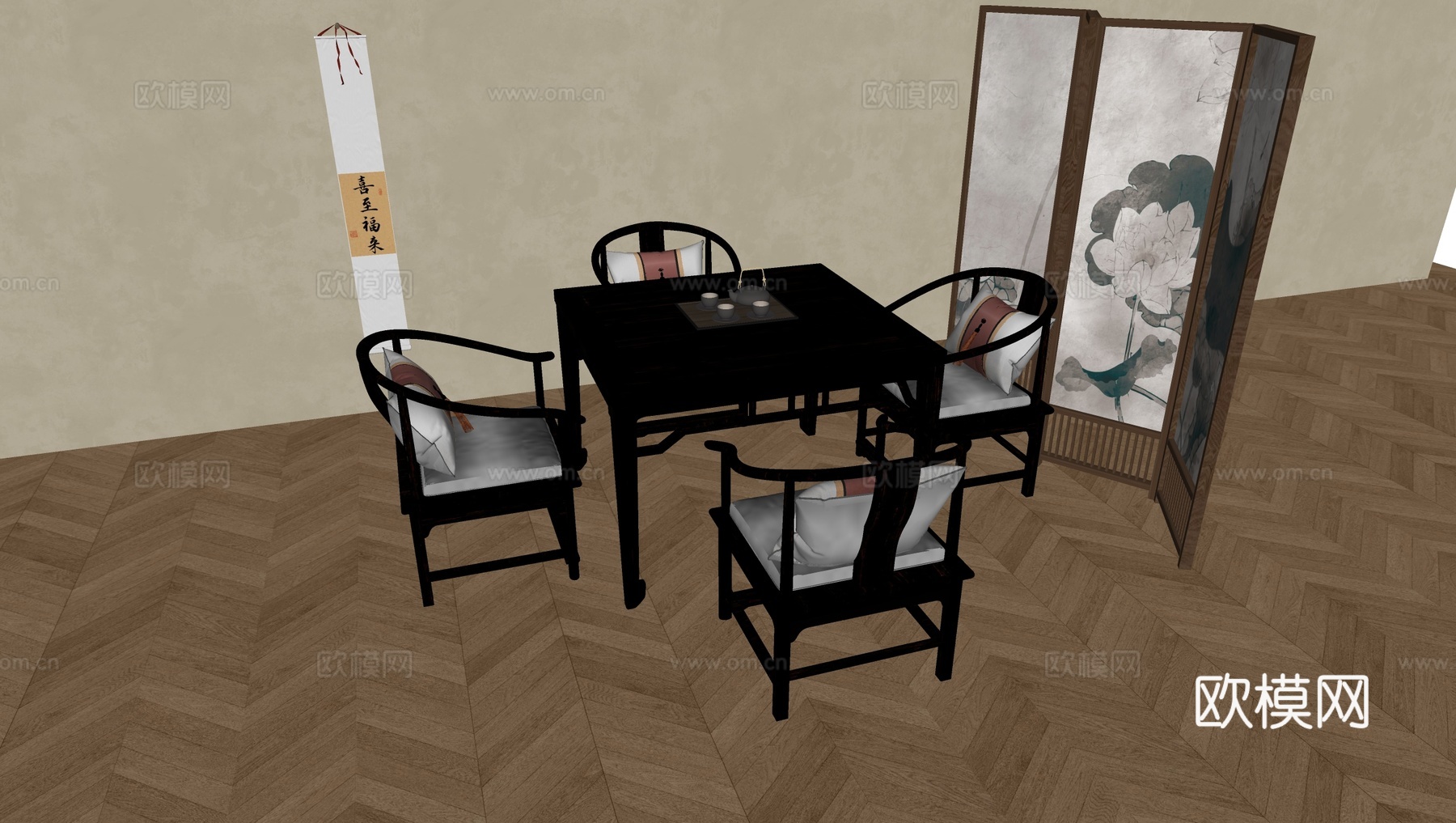 侘寂风实木餐桌椅 中古风黑色四方桌 茶馆棋牌室桌椅八仙桌隔断su模型