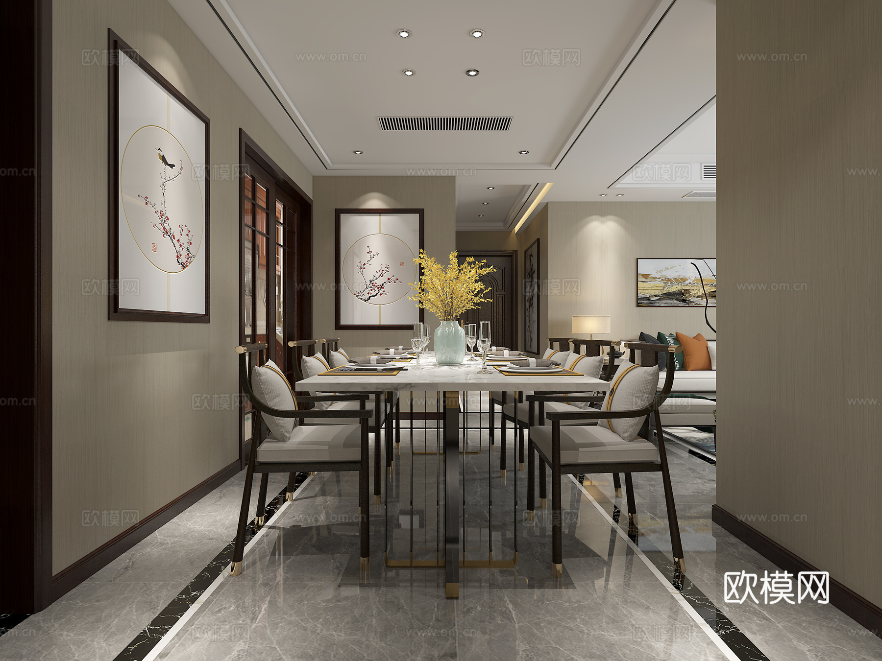 新中式客餐厅 沙发 吊灯餐桌 壁灯3d模型-Pic-2