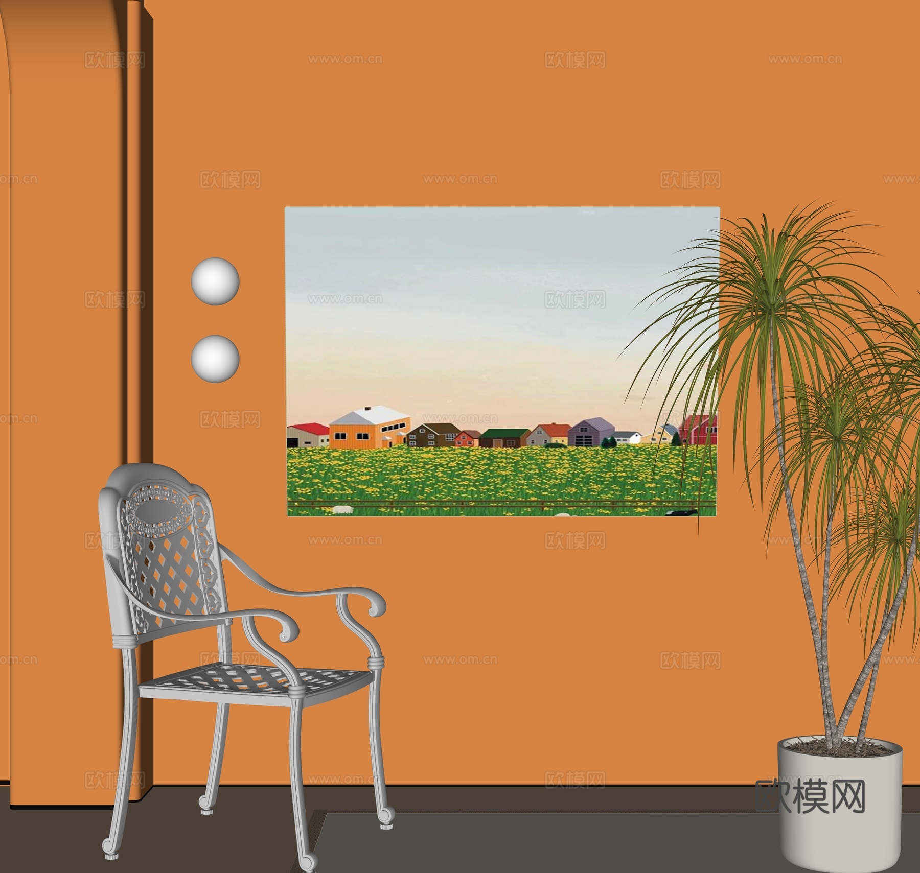 现代装饰挂画 休闲椅 绿植盆栽su模型