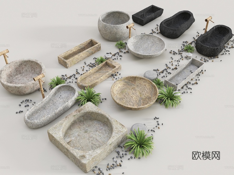 水缸 石槽 马槽 水缸景观 中式景观小品 水缸 庭院水缸小品su模型下载(渲染图1)