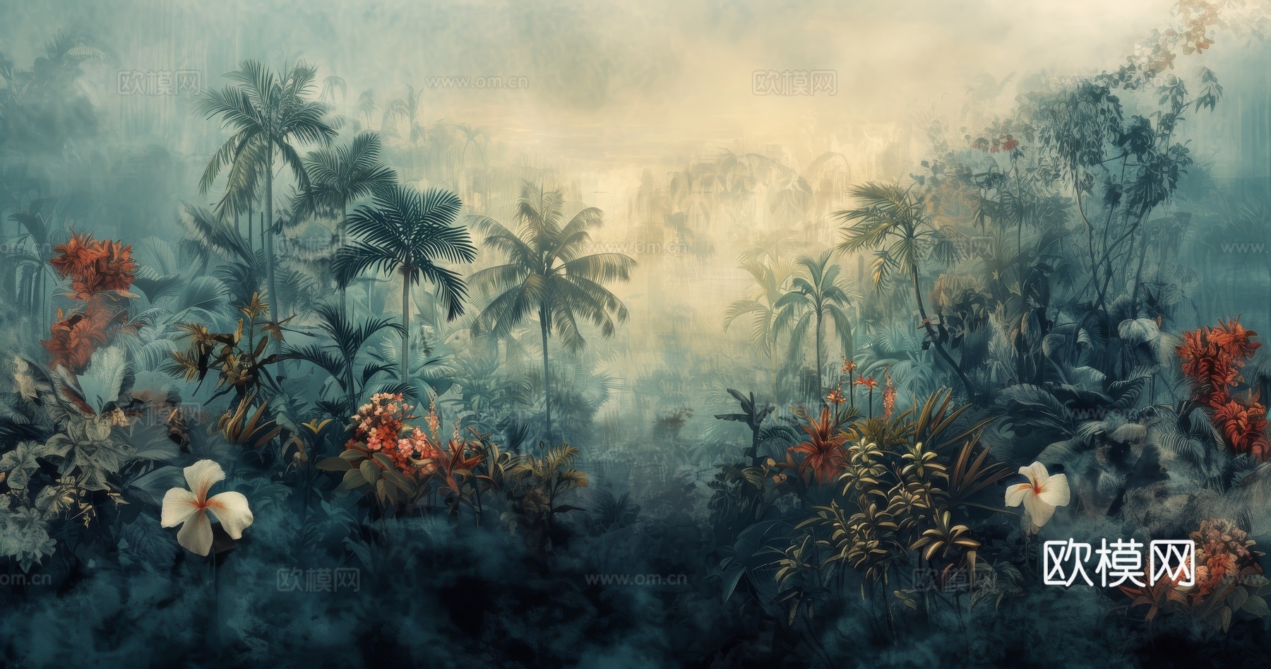 欧式田园热带雨林棕榈植物壁纸壁画下载（渲染图5）