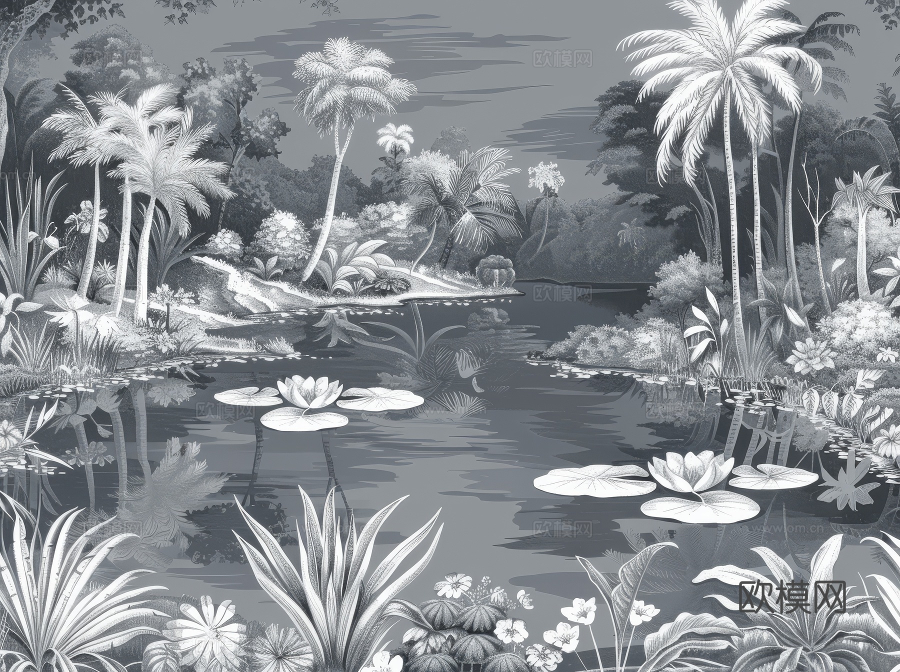 欧式田园热带雨林棕榈植物壁纸壁画下载（渲染图4）