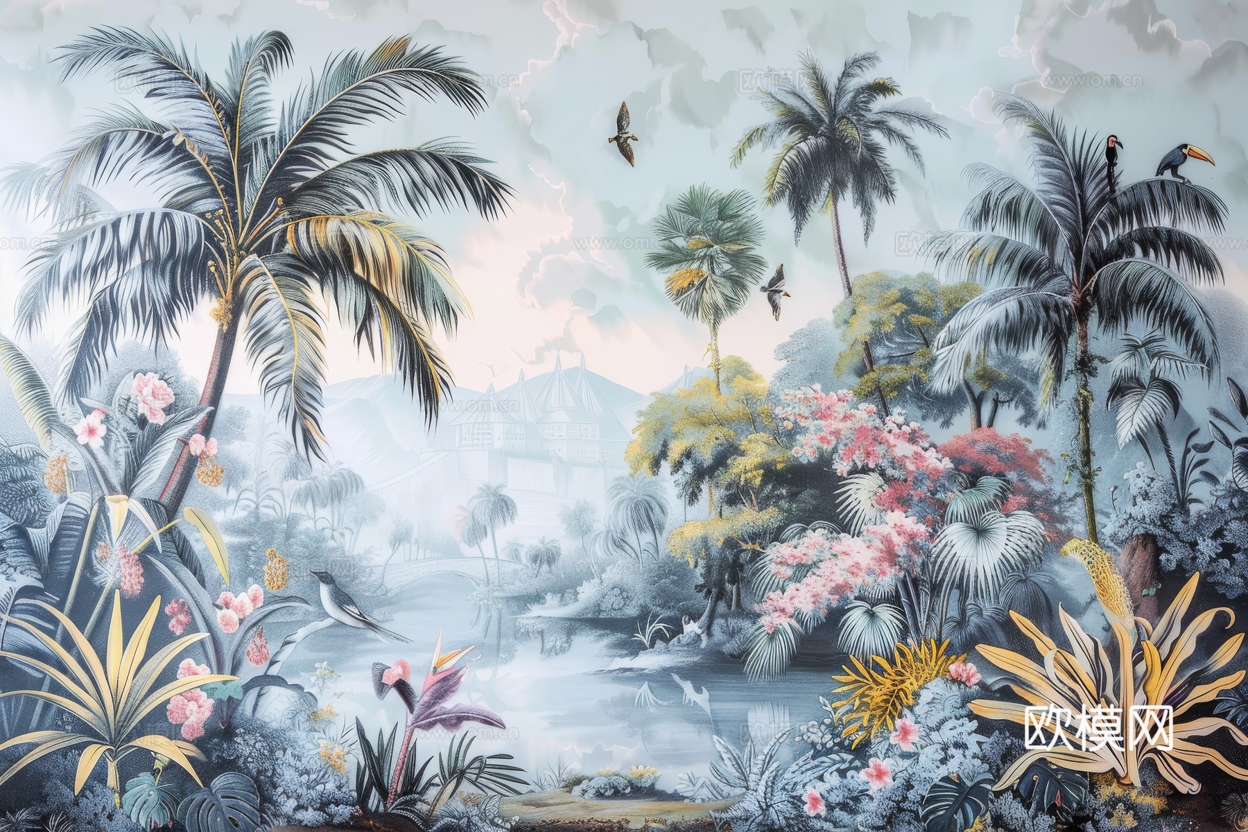 欧式田园热带雨林棕榈植物壁纸壁画