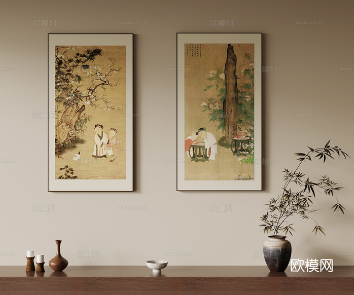 新中式挂画 苏汉臣戏婴图 装饰画3d模型下载