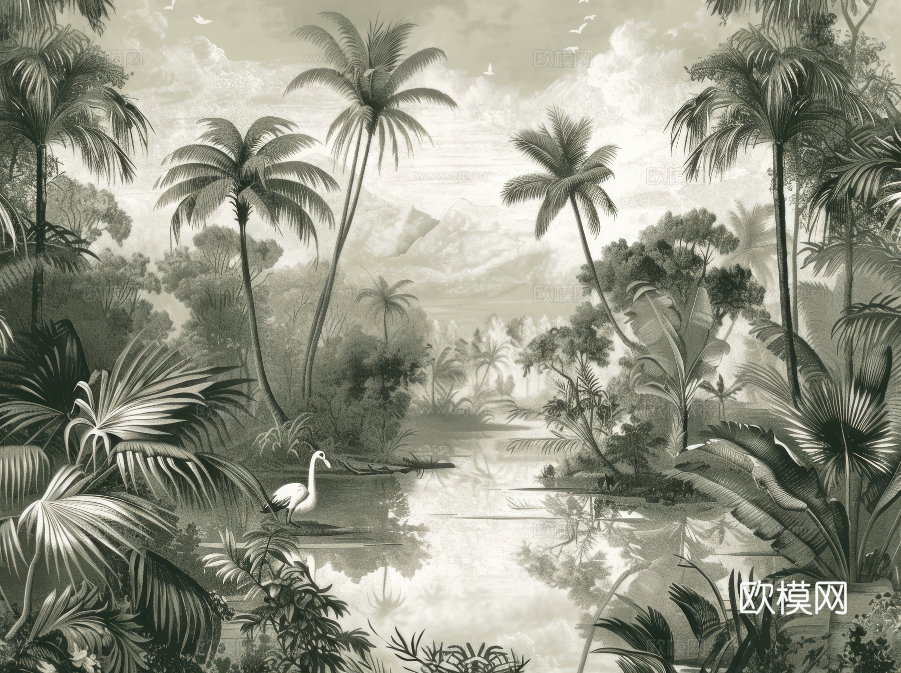 欧式田园热带雨林棕榈植物壁纸壁画下载（渲染图7）