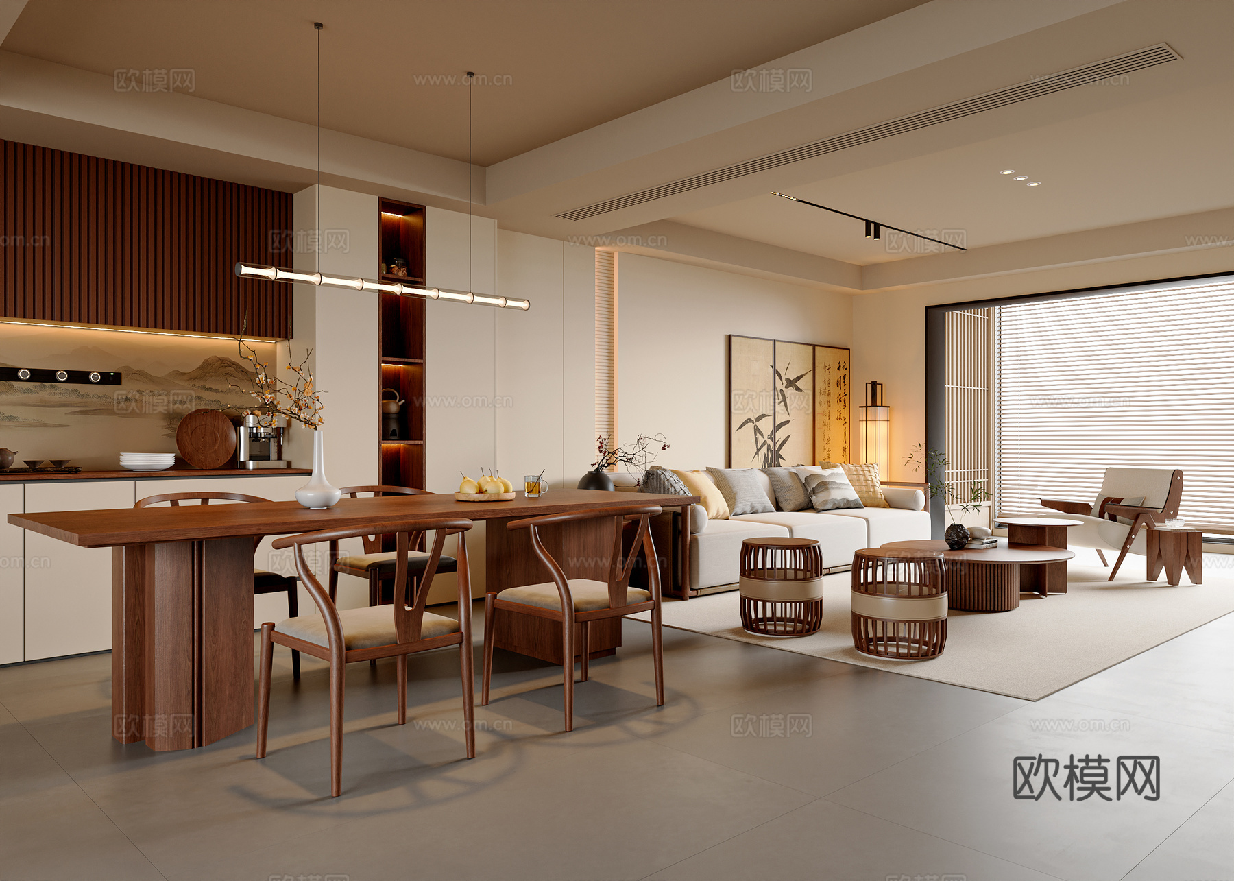 新中式宋式风客餐厅 沙发茶几组合 餐桌椅组合 餐边柜 吊灯3d模型