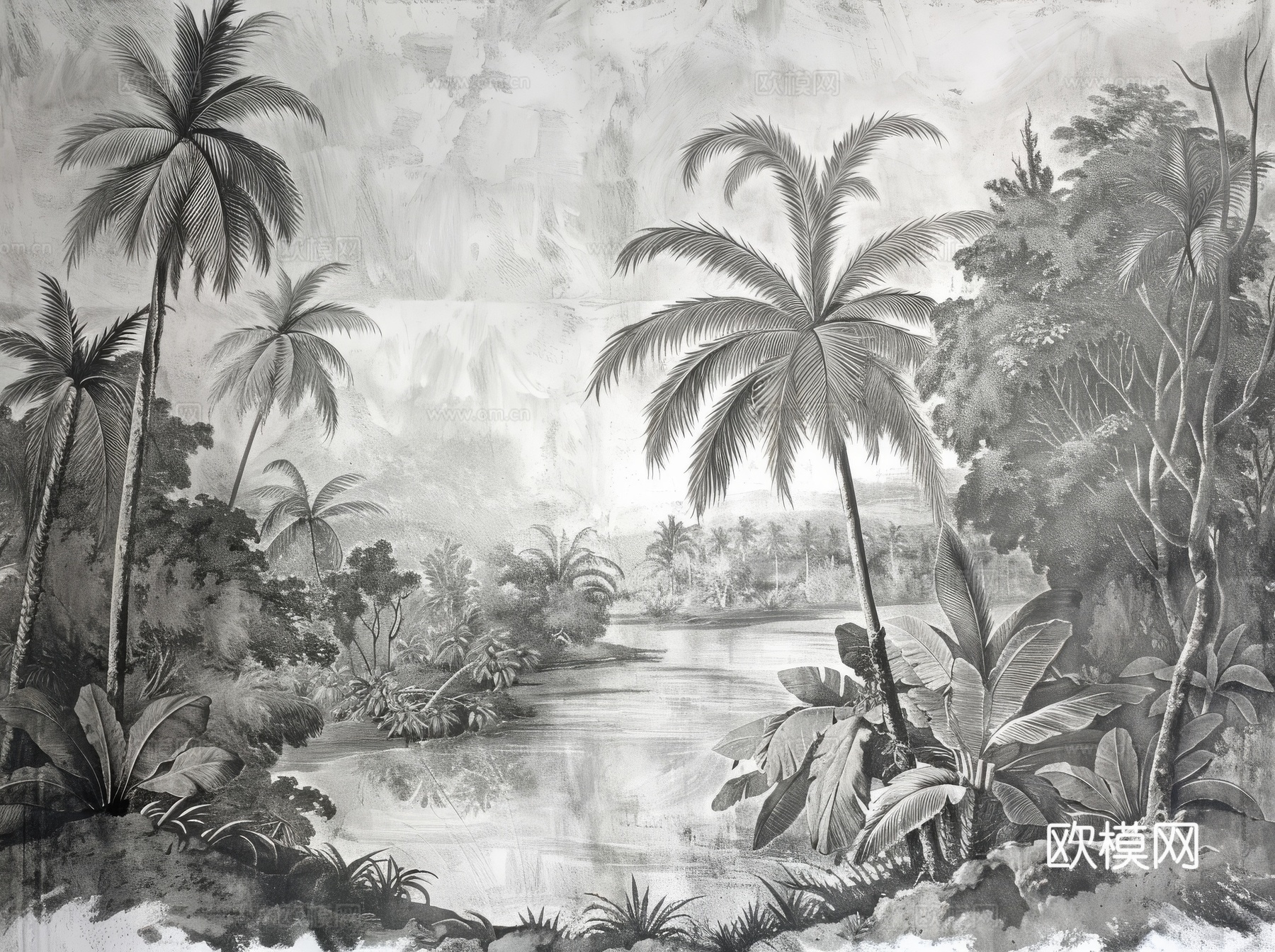 欧式田园热带雨林棕榈植物壁纸壁画下载（渲染图3）