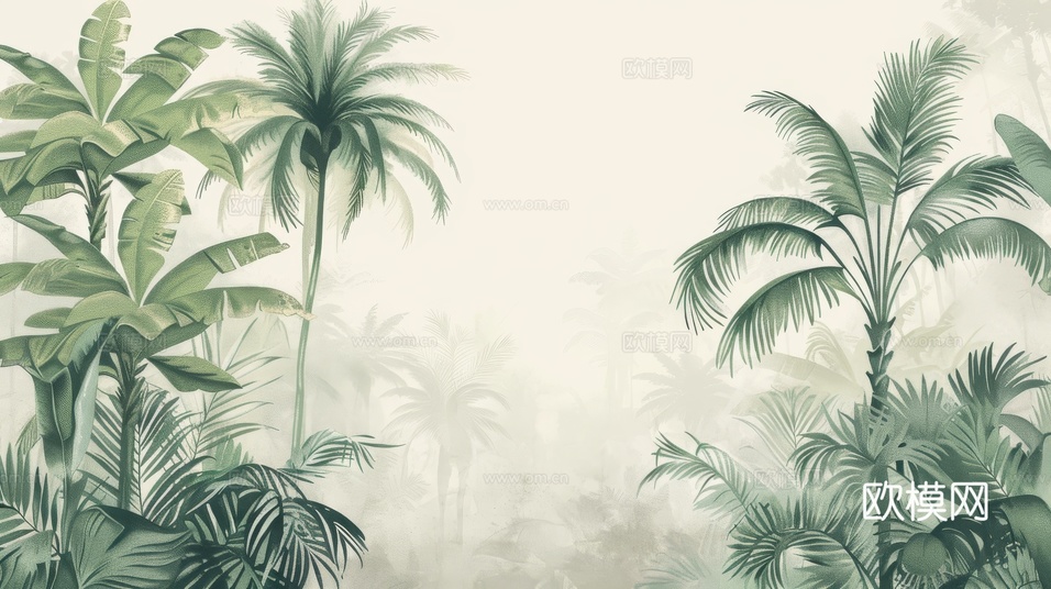 欧式田园热带雨林棕榈植物壁纸壁画下载(渲染图2)