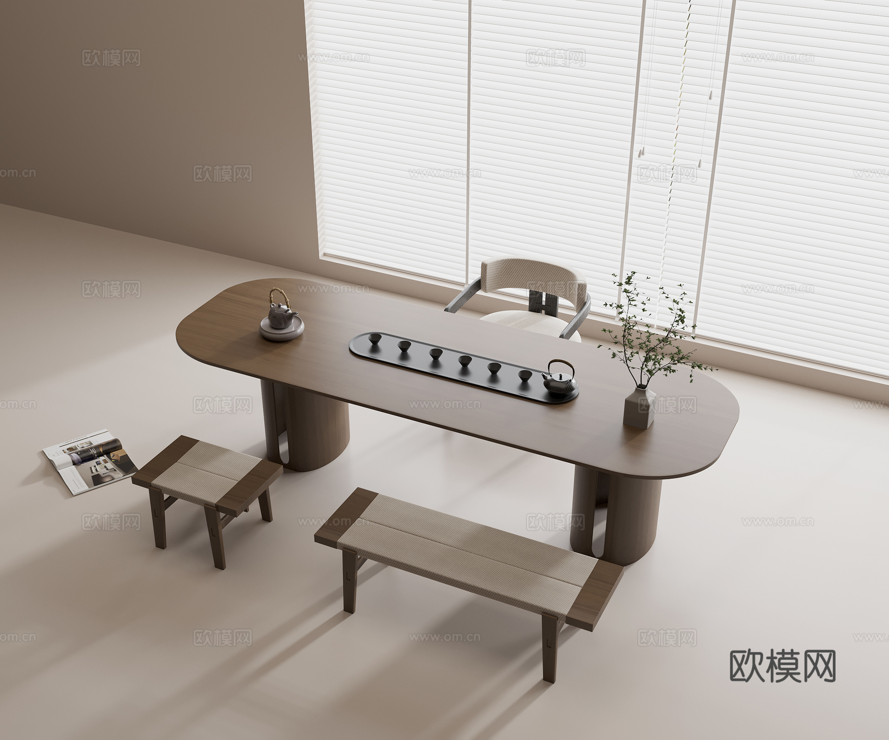中式茶桌椅组合 实木茶桌 实木单椅 实木长椅 茶具组合 茶壶3d模型