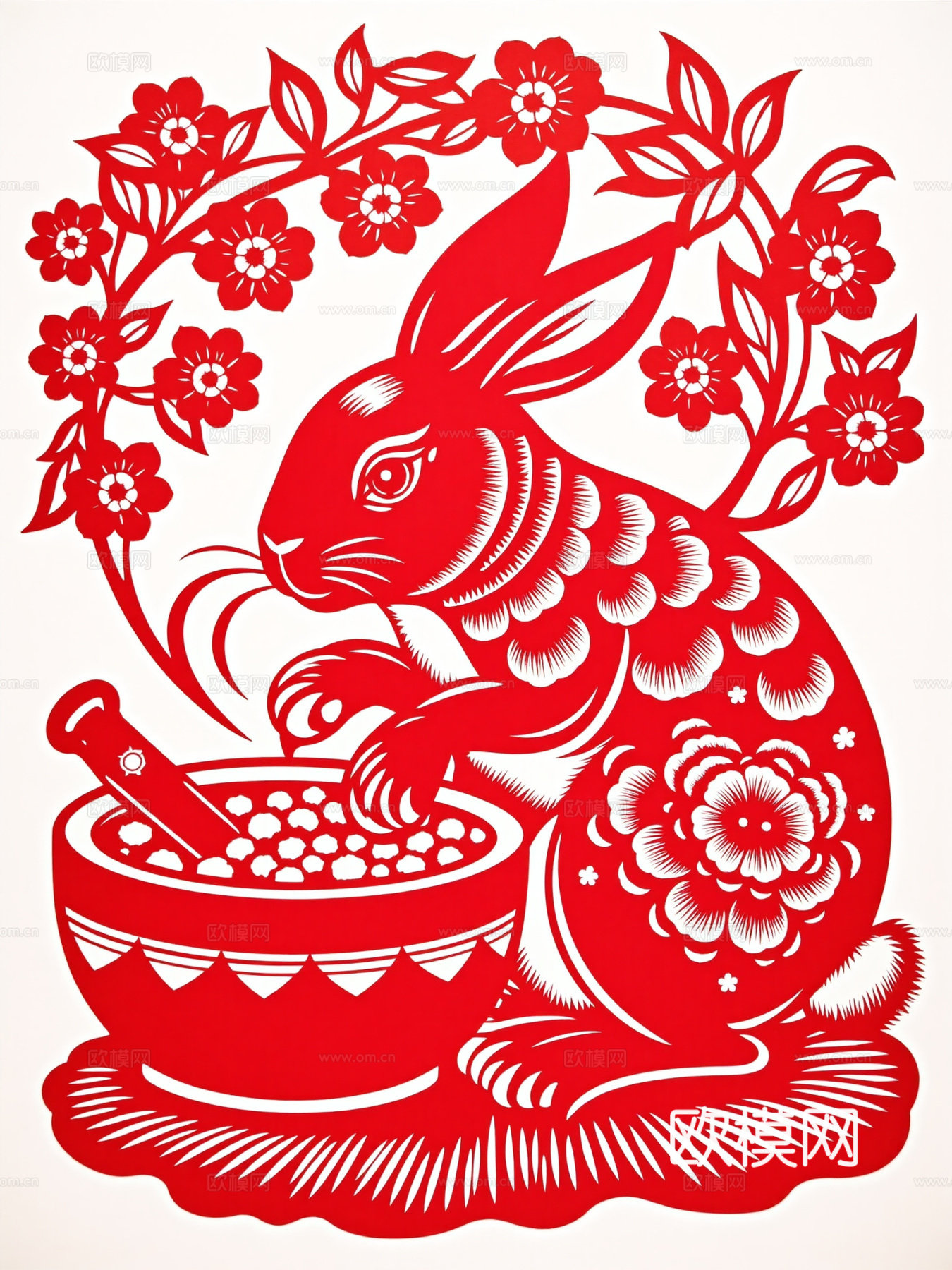 中国风兔子剪纸画 窗花 民俗画