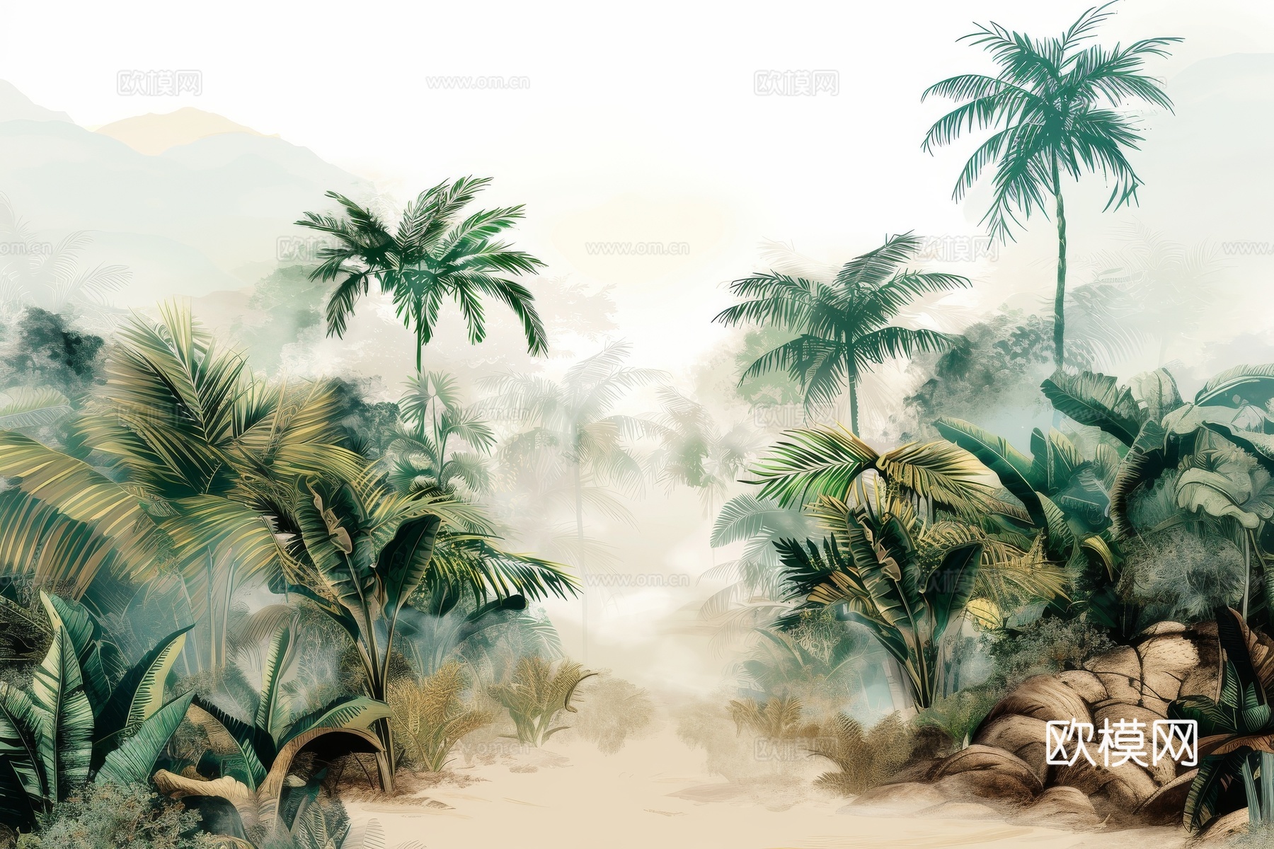 欧式田园热带雨林棕榈植物壁纸壁画