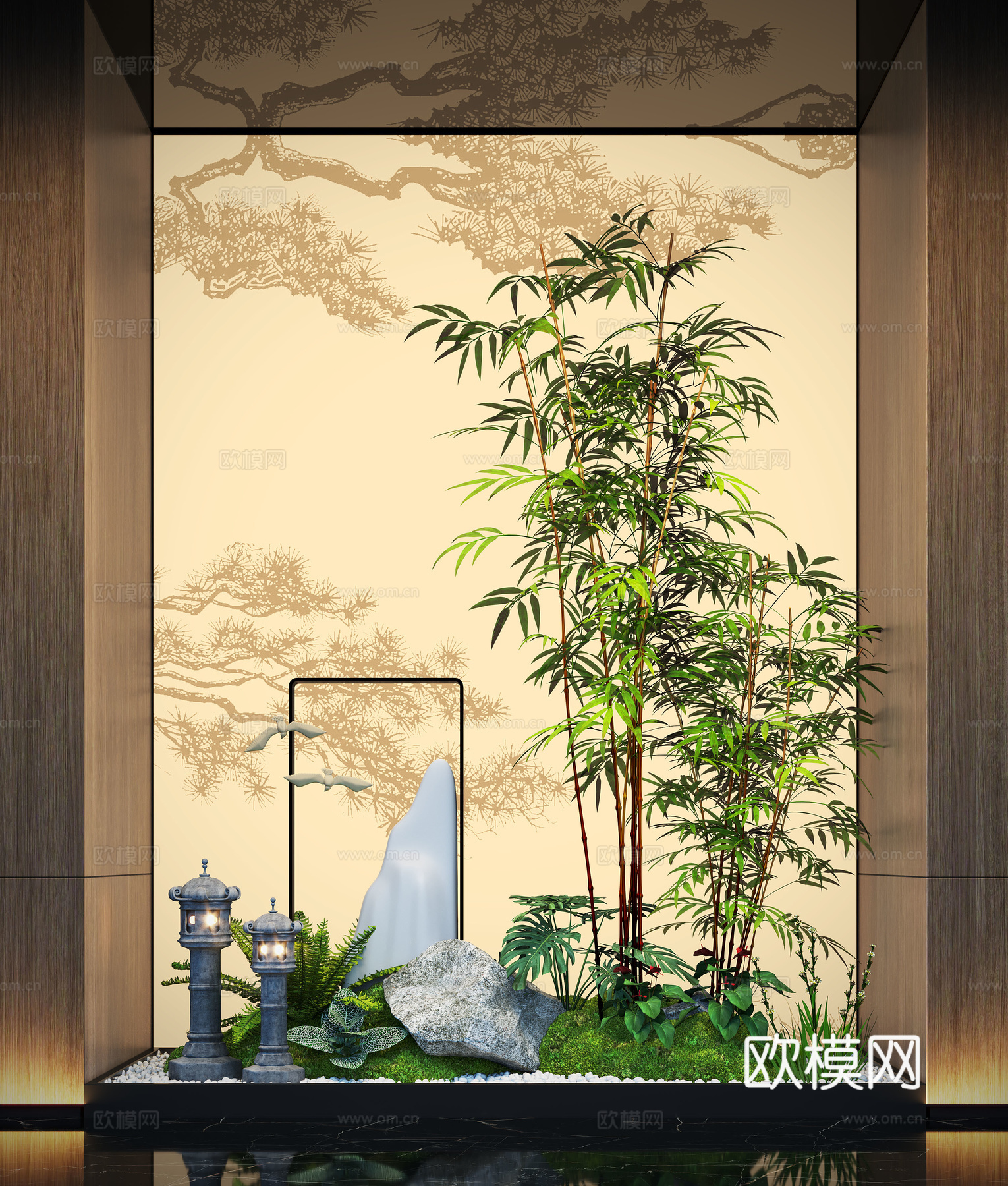 新中式室内景观造景 苔藓景观 景观小品 竹子su模型