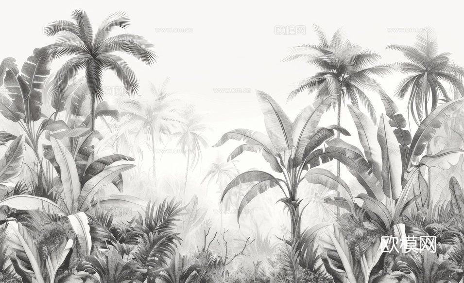 欧式田园热带雨林棕榈植物壁纸壁画下载(渲染图3)