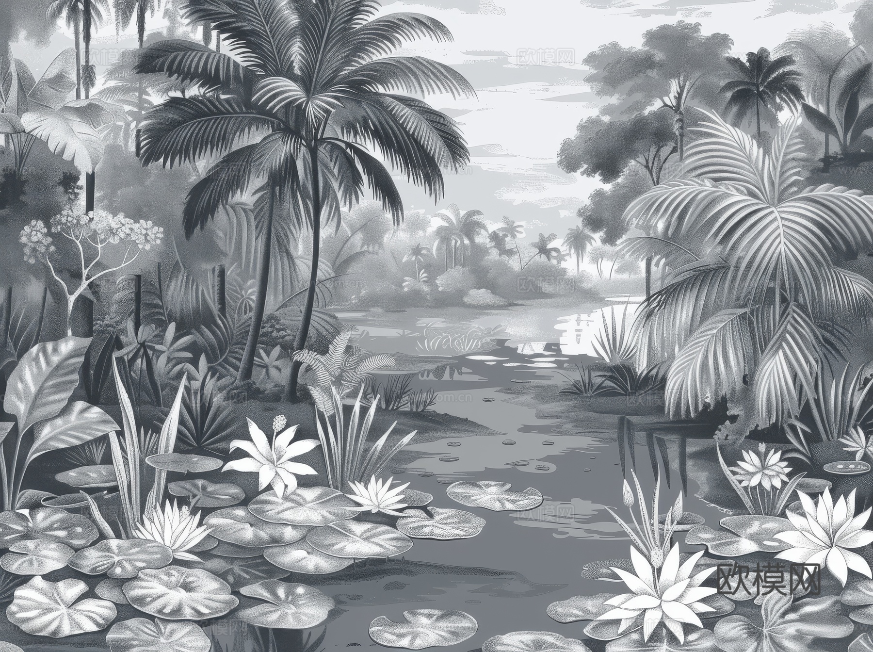 欧式田园热带雨林棕榈植物壁纸壁画下载（渲染图4）