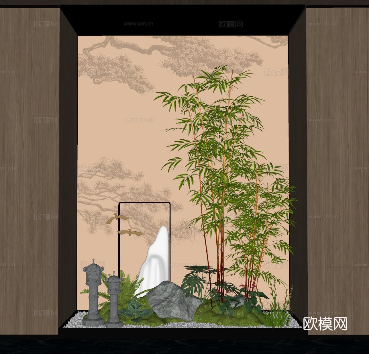 新中式室内景观造景 苔藓景观 景观小品 竹子su模型